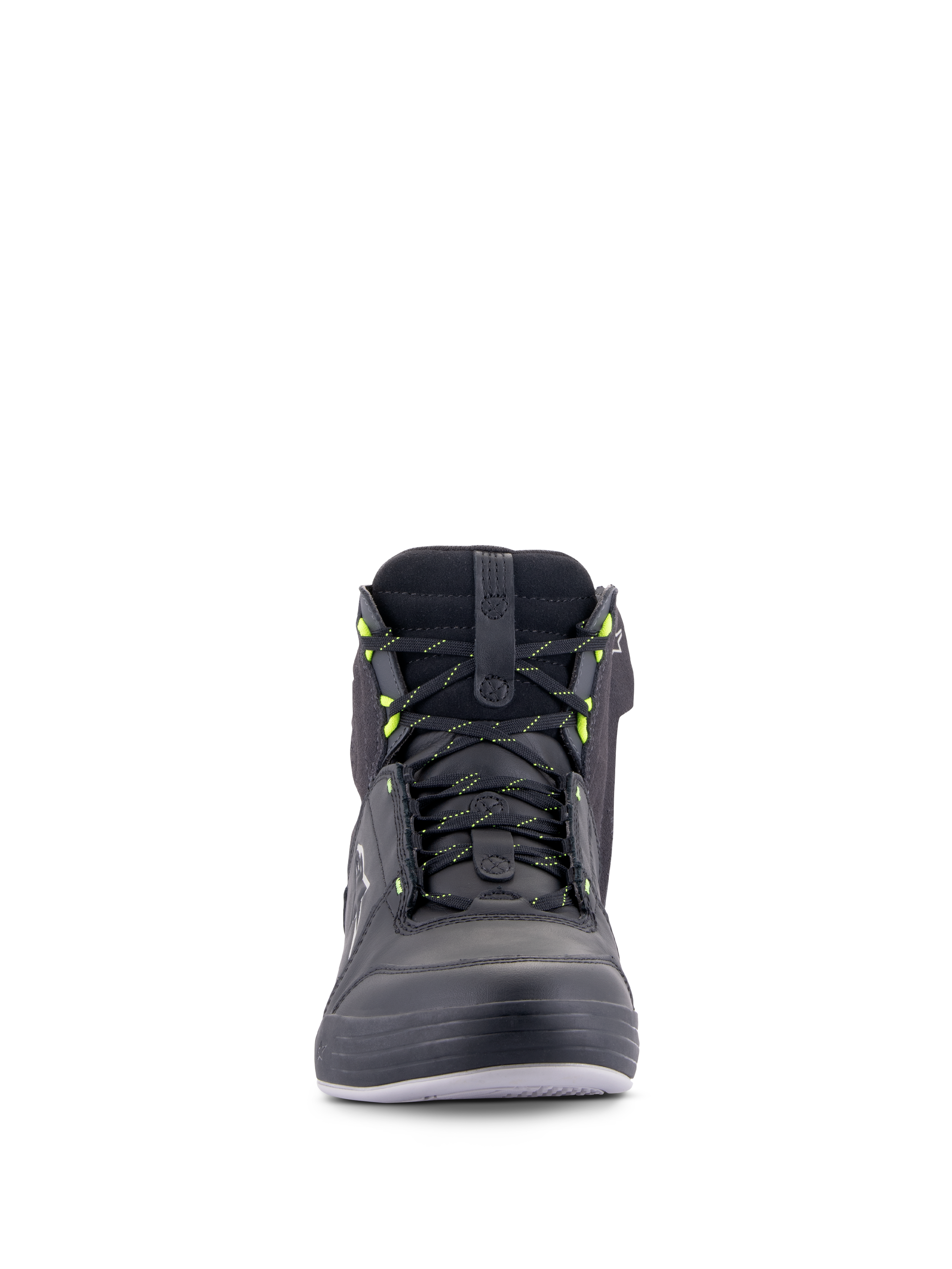 Scarpe Alpinestars Chrome Drystar®, scarpe da moto urban, nero grigio scuro giallo fluo, vista frontale con lacci dai dettagli gialli, costruzione alta in pelle e scamosciato, design streetwear casual impermeabile
