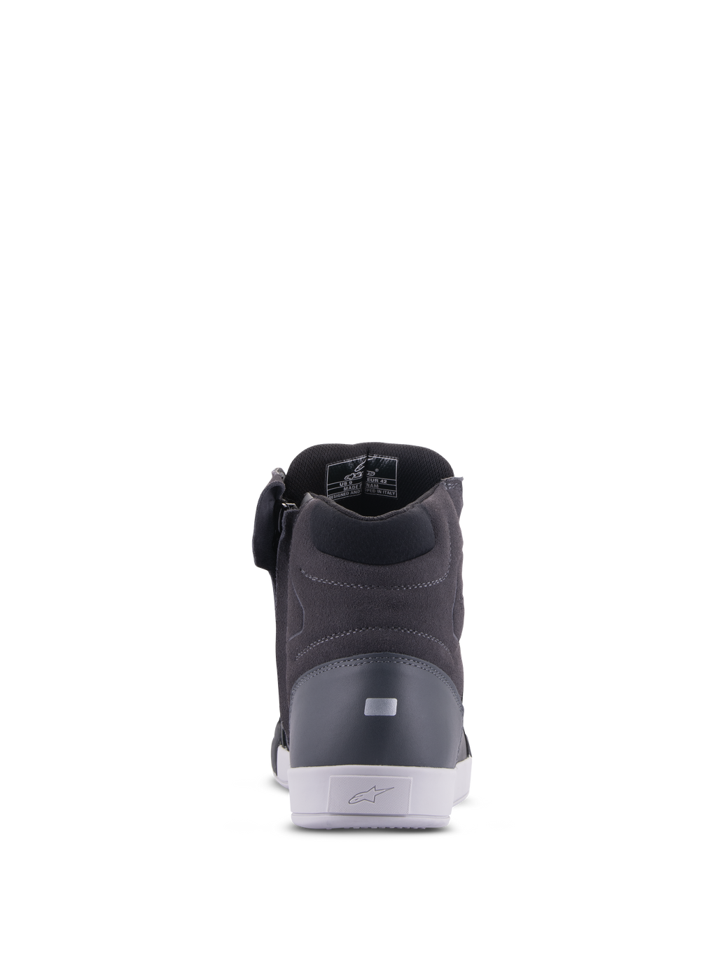 Scarpe Alpinestars Chrome Drystar®, scarpe da moto urbane, nero e grigio scuro con suola bianca, vista posteriore con colletto imbottito e dettaglio riflettente sul tallone, design moderno casual stile street.