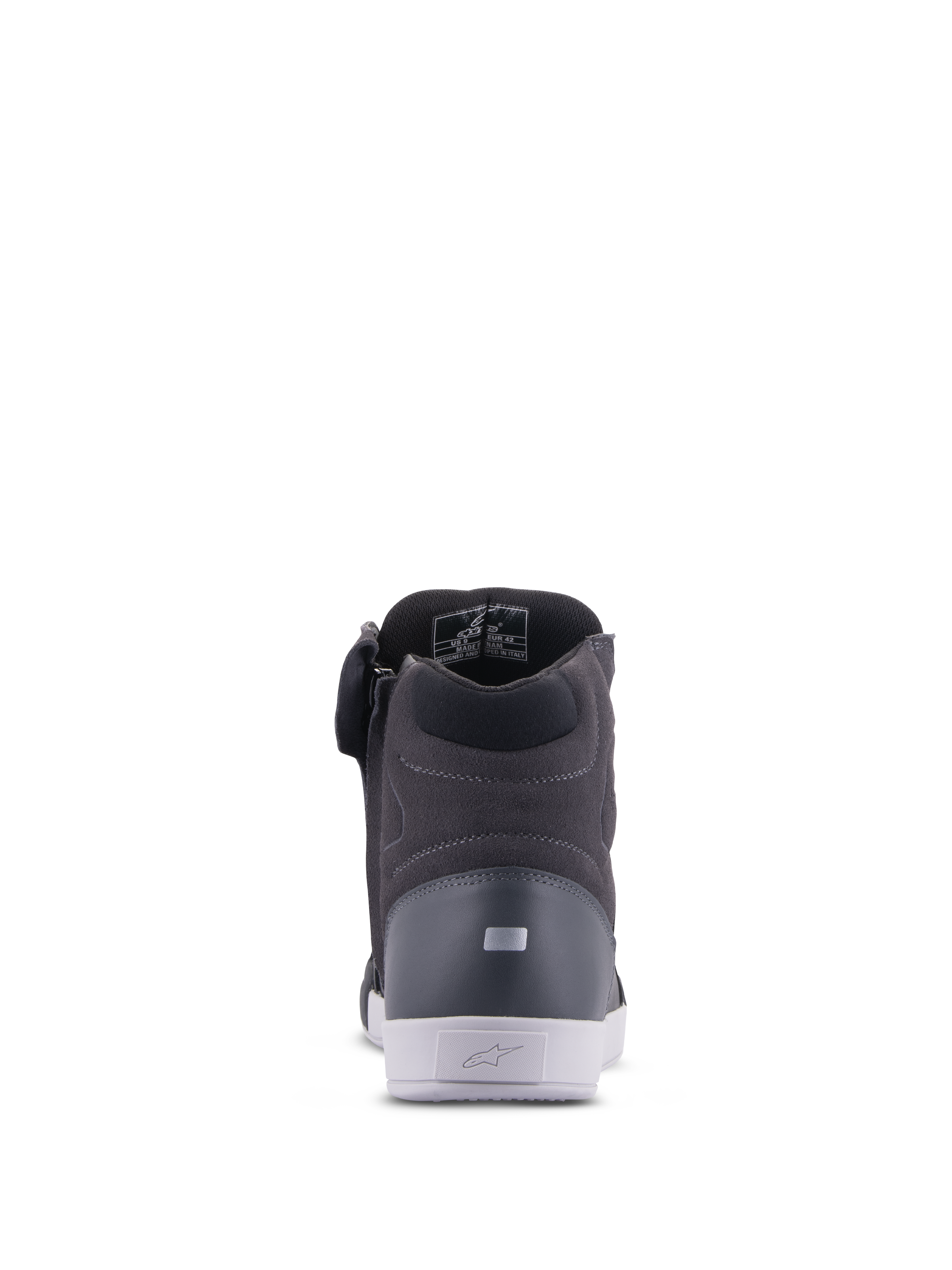 Scarpe Alpinestars Chrome Drystar®, scarpe da moto urbane, nero e grigio scuro con suola bianca, vista posteriore con colletto imbottito e dettaglio riflettente sul tallone, design moderno casual stile street.