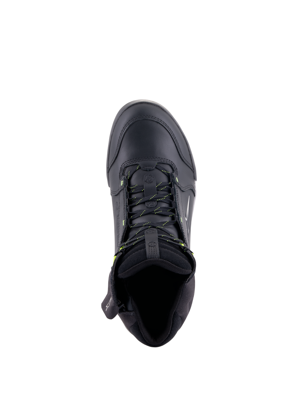 Scarpe Alpinestars Chrome Drystar®, scarpe da moto urbane, Nero e Giallo Fluo, vista dall'alto che mostra la costruzione in pelle premium, i lacci con dettagli gialli e il colletto imbottito per il comfort
