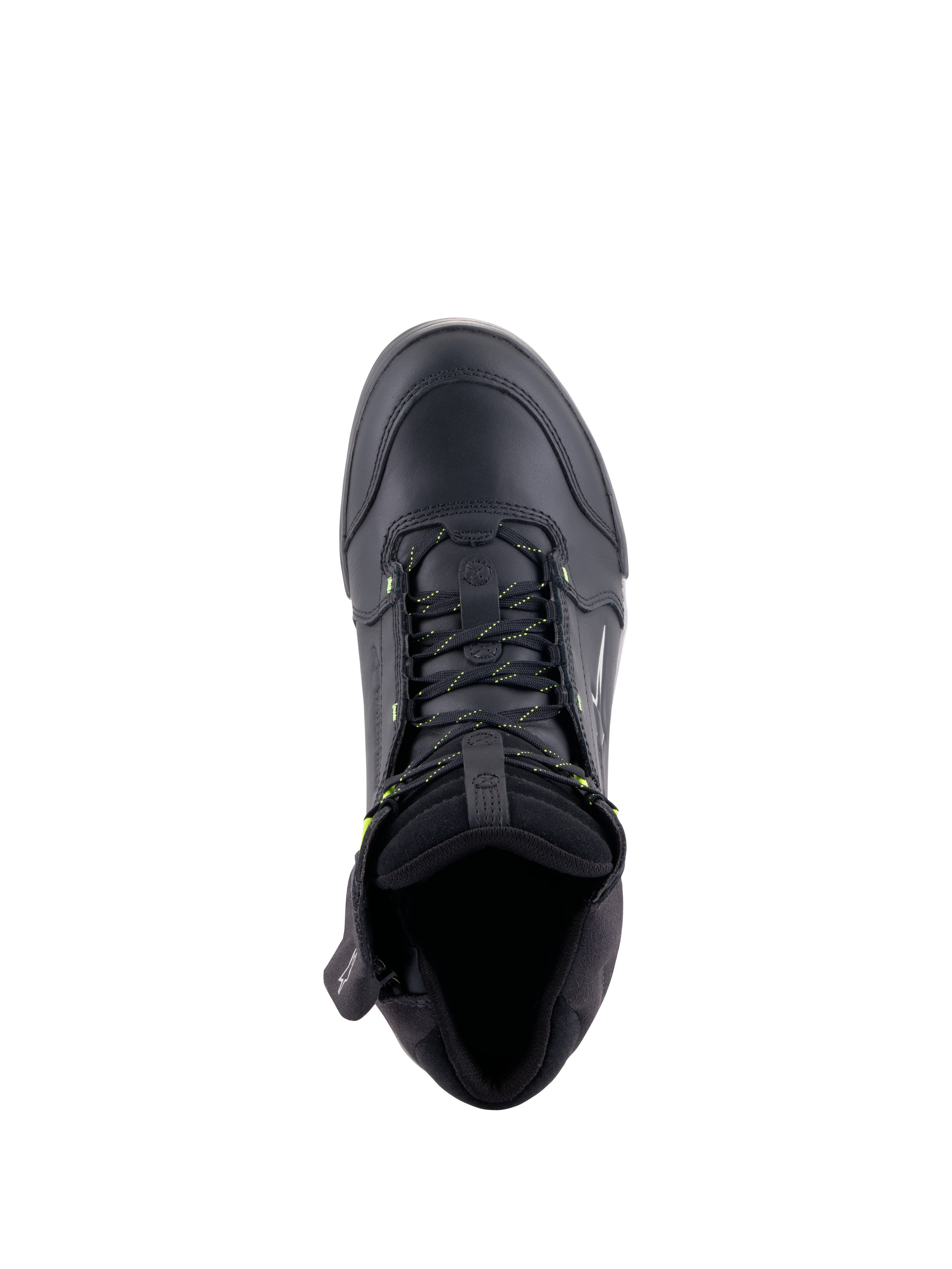 Scarpe Alpinestars Chrome Drystar®, scarpe da moto urbane, Nero e Giallo Fluo, vista dall'alto che mostra la costruzione in pelle premium, i lacci con dettagli gialli e il colletto imbottito per il comfort