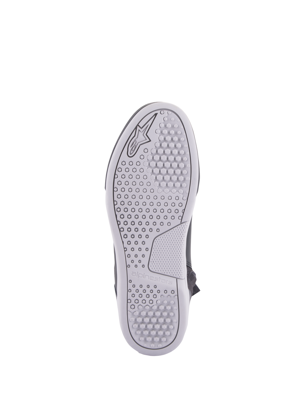 Alpinestars Chrome Drystar® Shoes, scarpe da moto urbane, vista della suola, suola in gomma grigio chiaro con motivi di aderenza esagonali e circolari, logo Alpinestars e nome del marchio in rilievo