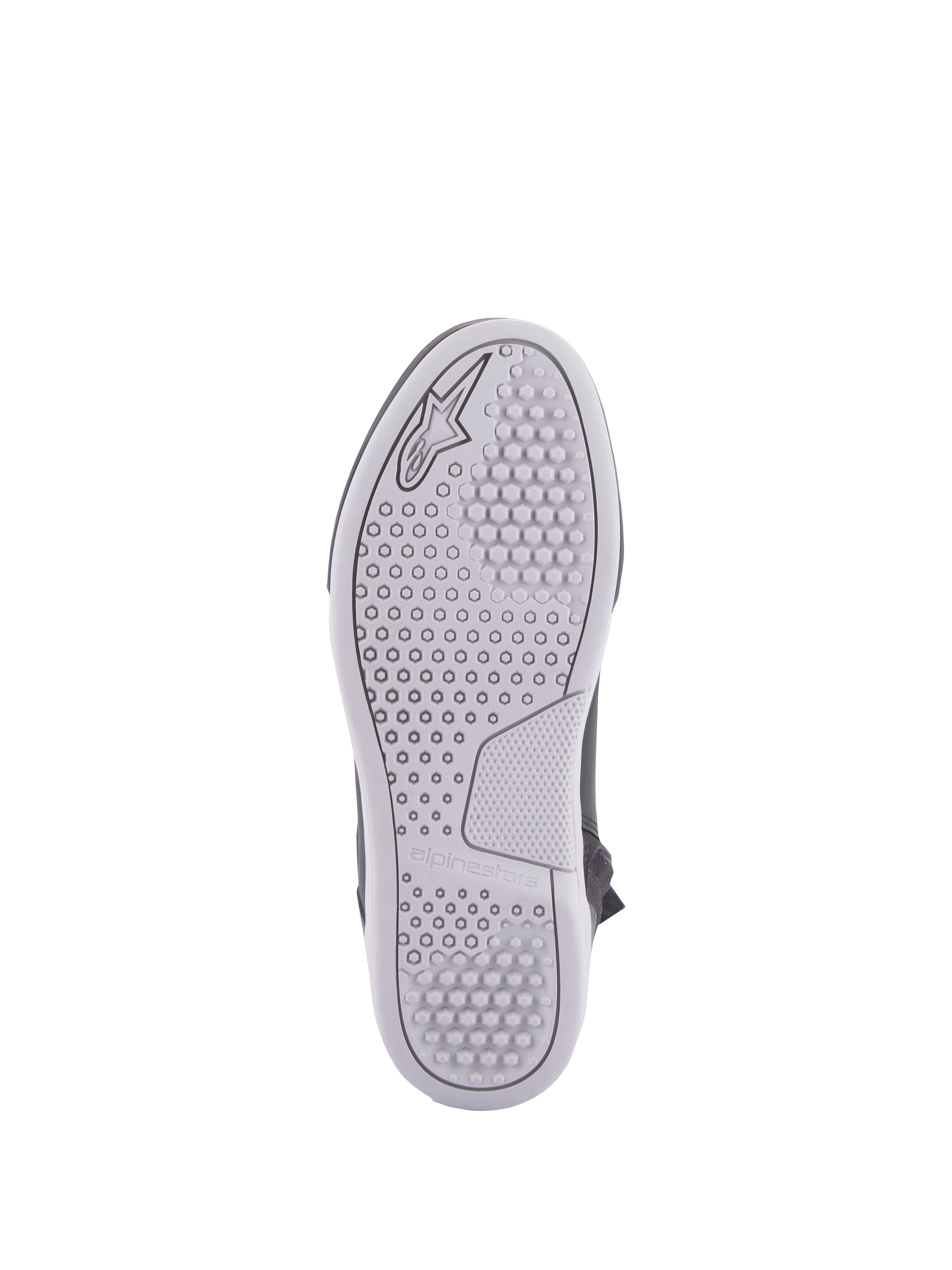 Alpinestars Chrome Drystar® Shoes, scarpe da moto urbane, vista della suola, suola in gomma grigio chiaro con motivi di aderenza esagonali e circolari, logo Alpinestars e nome del marchio in rilievo