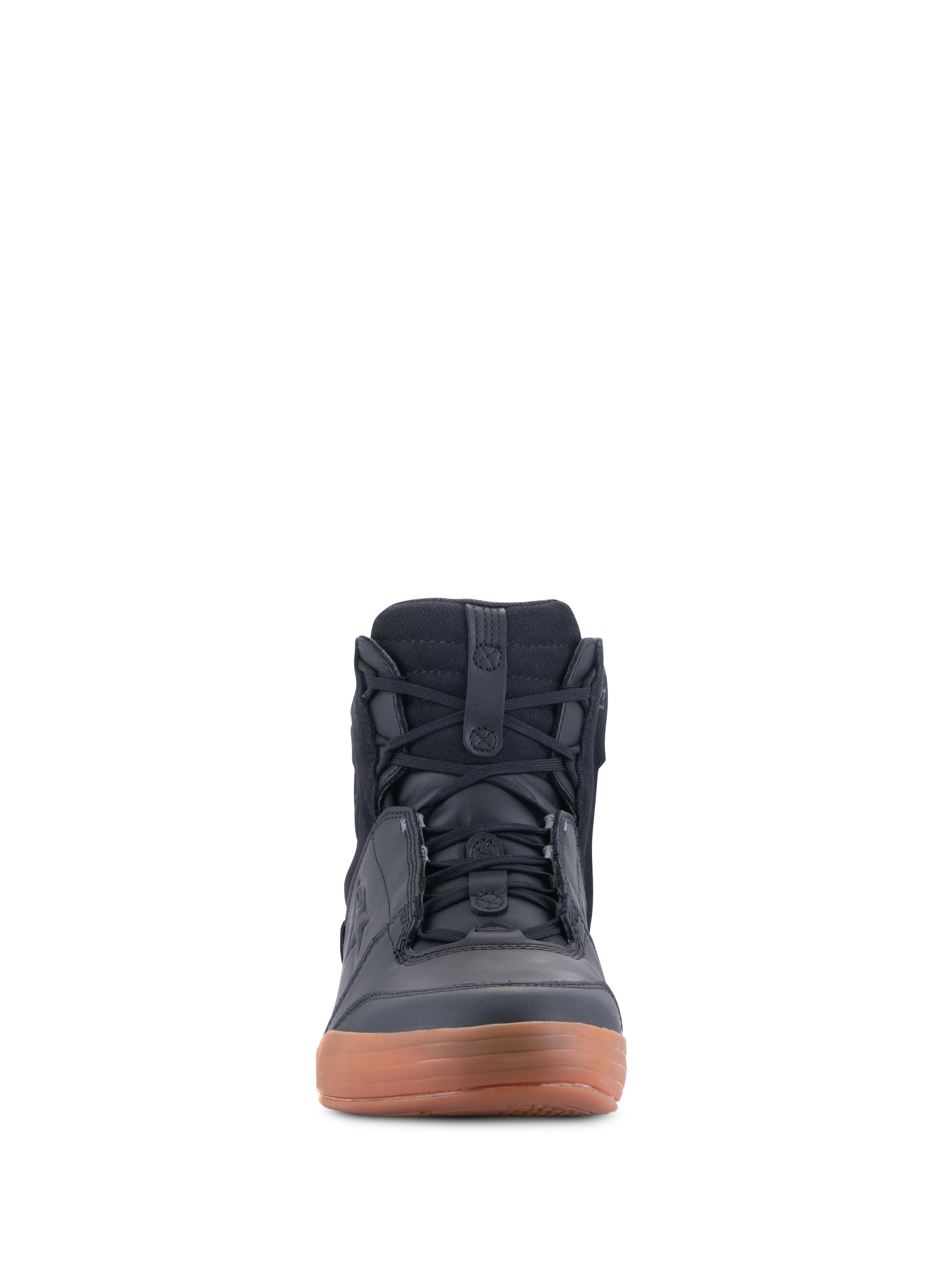 Scarpe Alpinestars Chrome Drystar®, Nero e Para, vista frontale di scarpa da moto urbana, sneaker casual a collo alto con lacci, realizzazione in pelle e camoscio con suola in gomma marrone