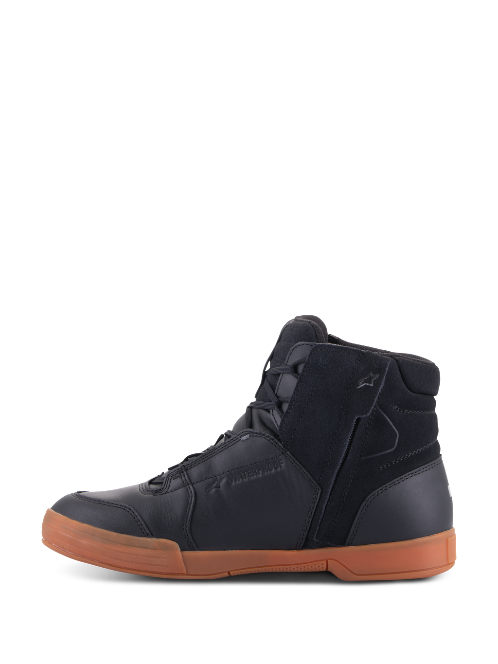 Alpinestars Chrome Drystar® Shoes, Nero Nero Gomma, calzature da moto urbane con tomaia in pelle nera e scamosciato, profilo sneaker high-top, suola in gomma color gomma e zip laterale.