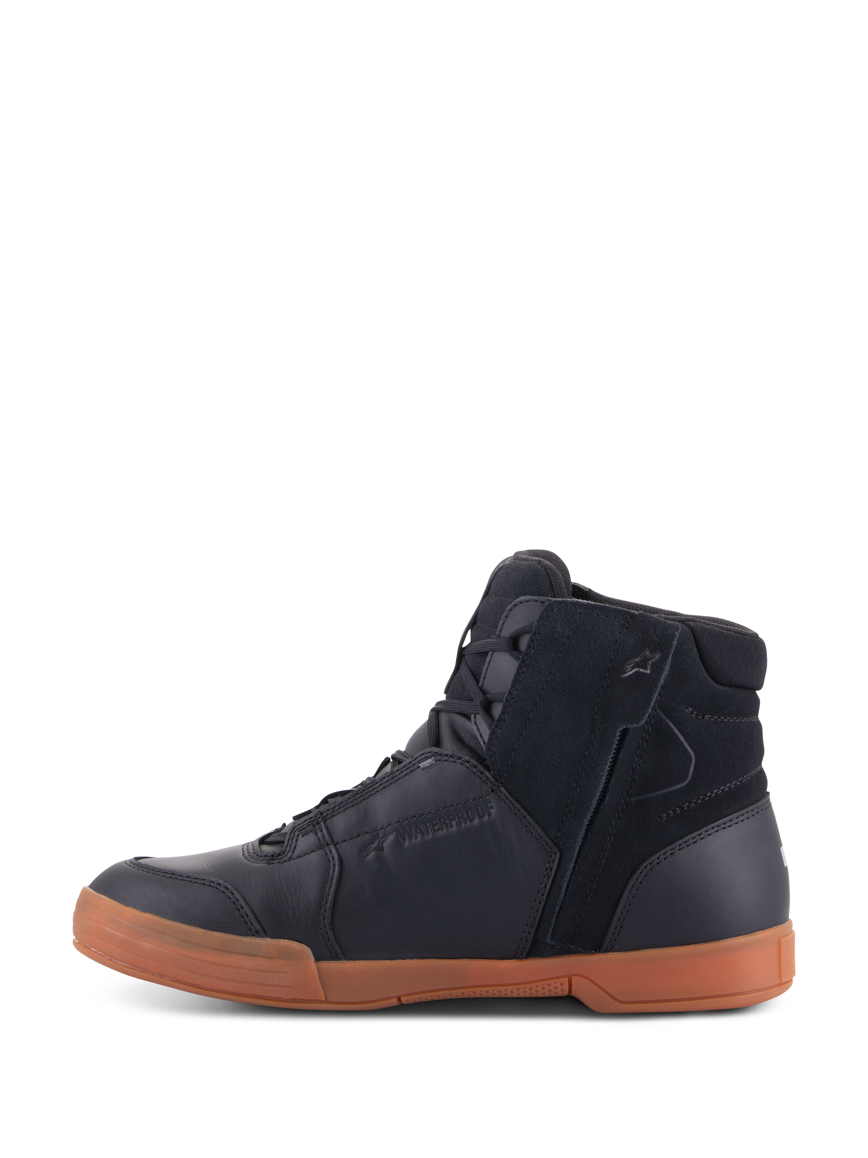 Alpinestars Chrome Drystar® Shoes, Nero Nero Gomma, calzature da moto urbane con tomaia in pelle nera e scamosciato, profilo sneaker high-top, suola in gomma color gomma e zip laterale.