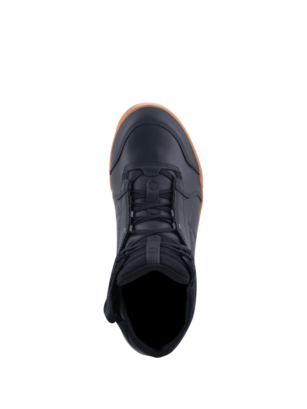 Alpinestars Chrome Drystar® Shoes, scarpe da moto, nero e gomma, vista dall'alto che mostra l'allacciatura e il colletto imbottito, design urbano casual con tomaia in pelle e suola in gomma