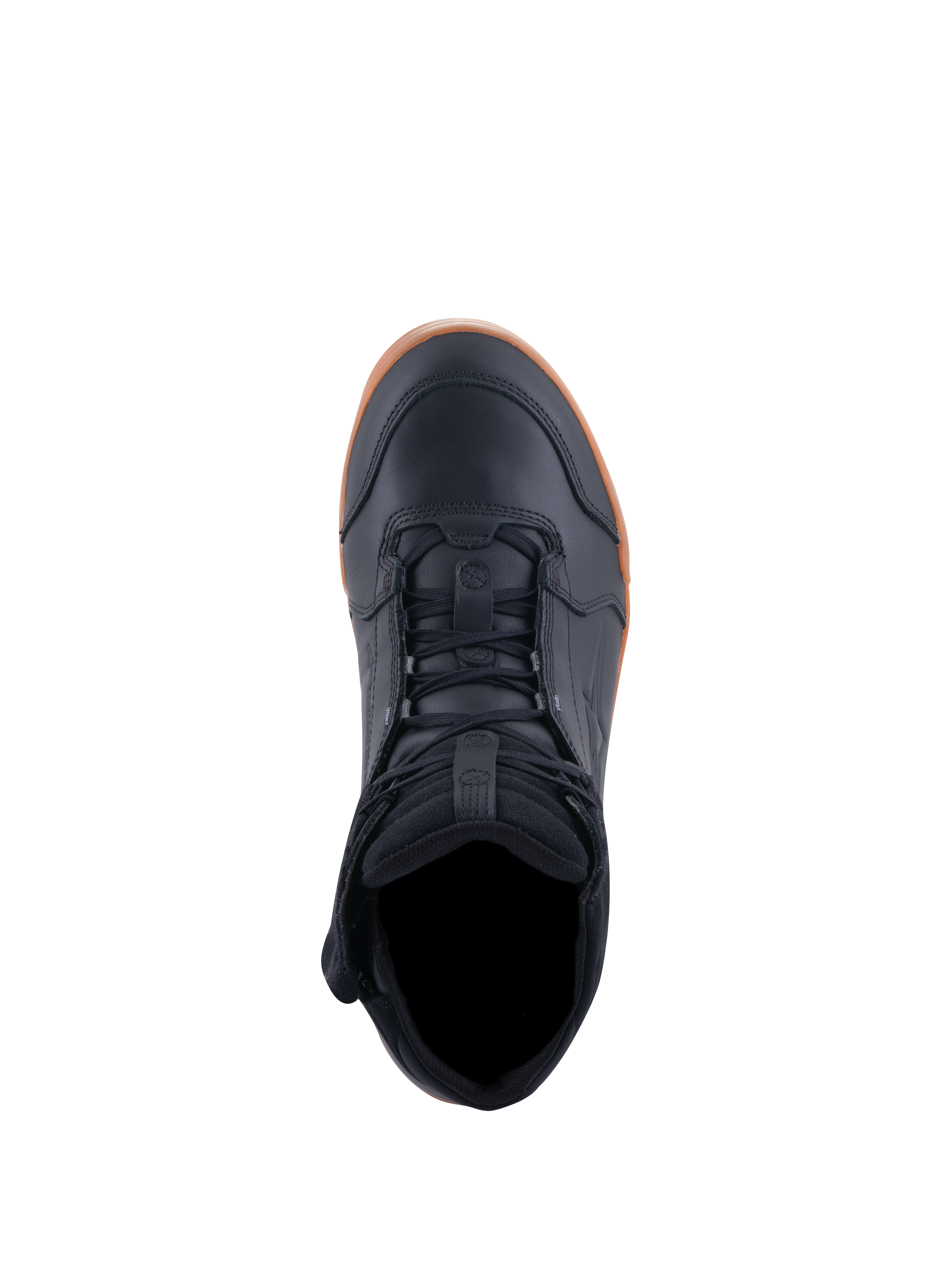 Alpinestars Chrome Drystar® Shoes, scarpe da moto, nero e gomma, vista dall'alto che mostra l'allacciatura e il colletto imbottito, design urbano casual con tomaia in pelle e suola in gomma