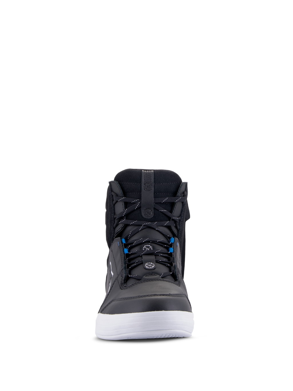 Scarpe Alpinestars Chrome Drystar®, scarpe da moto urban, nero, bianco e blu, vista frontale con tomaia in pelle nera, suola bianca, dettagli dei lacci blu, design casual high-top per la guida urbana