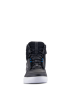 Scarpe Alpinestars Chrome Drystar®, scarpe da moto urban, nero, bianco e blu, vista frontale con tomaia in pelle nera, suola bianca, dettagli dei lacci blu, design casual high-top per la guida urbana