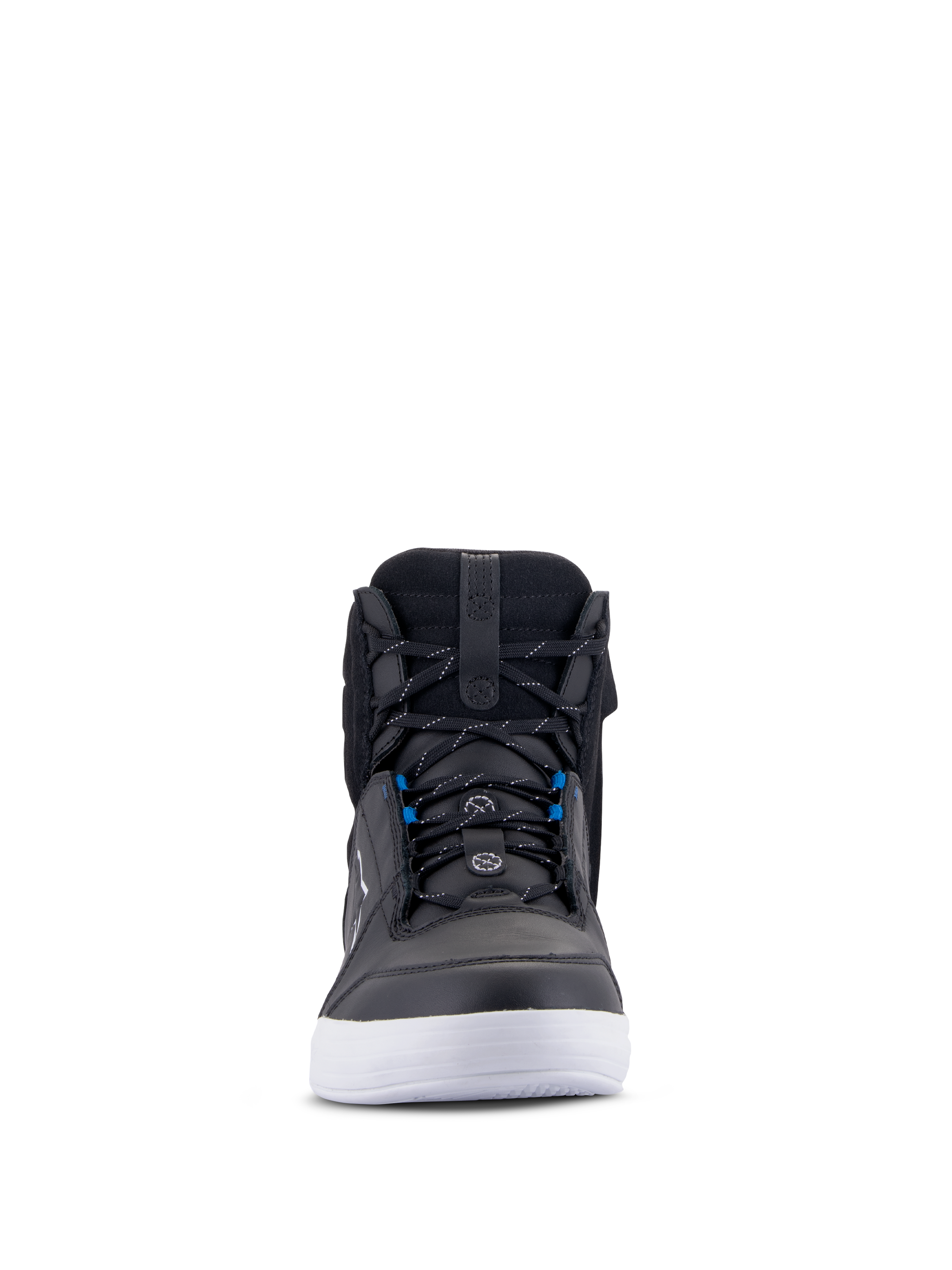 Scarpe Alpinestars Chrome Drystar®, scarpe da moto urban, nero, bianco e blu, vista frontale con tomaia in pelle nera, suola bianca, dettagli dei lacci blu, design casual high-top per la guida urbana