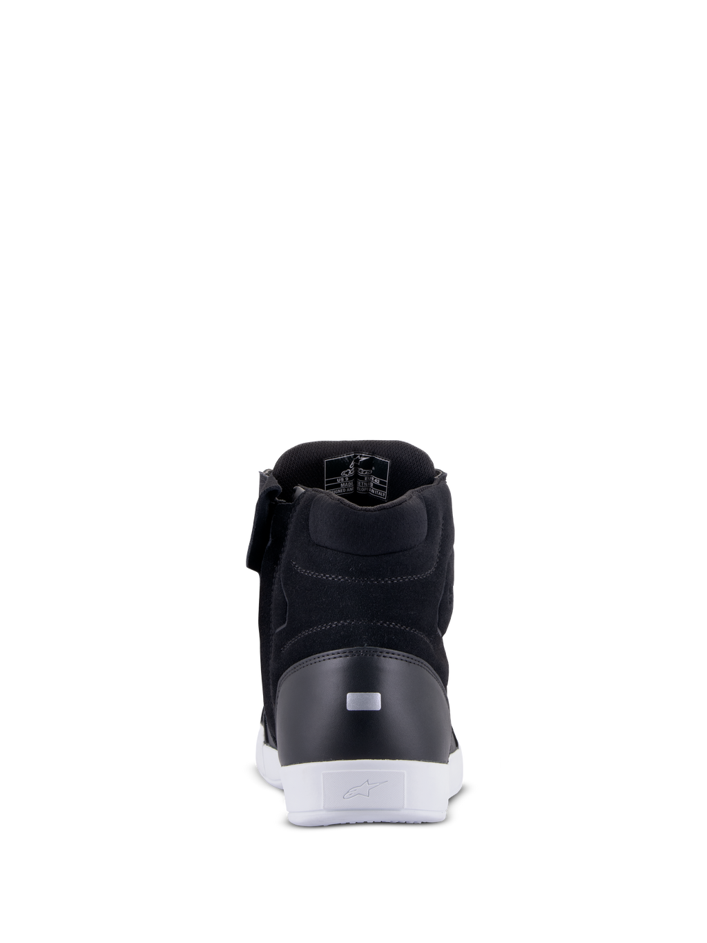 Scarpe Alpinestars Chrome Drystar®, scarpe da moto urbane, nero e bianco, vista posteriore con inserto riflettente sul tallone, suola urbana bianca con logo, costruzione in pelle e scamosciato per il comfort nella guida urbana