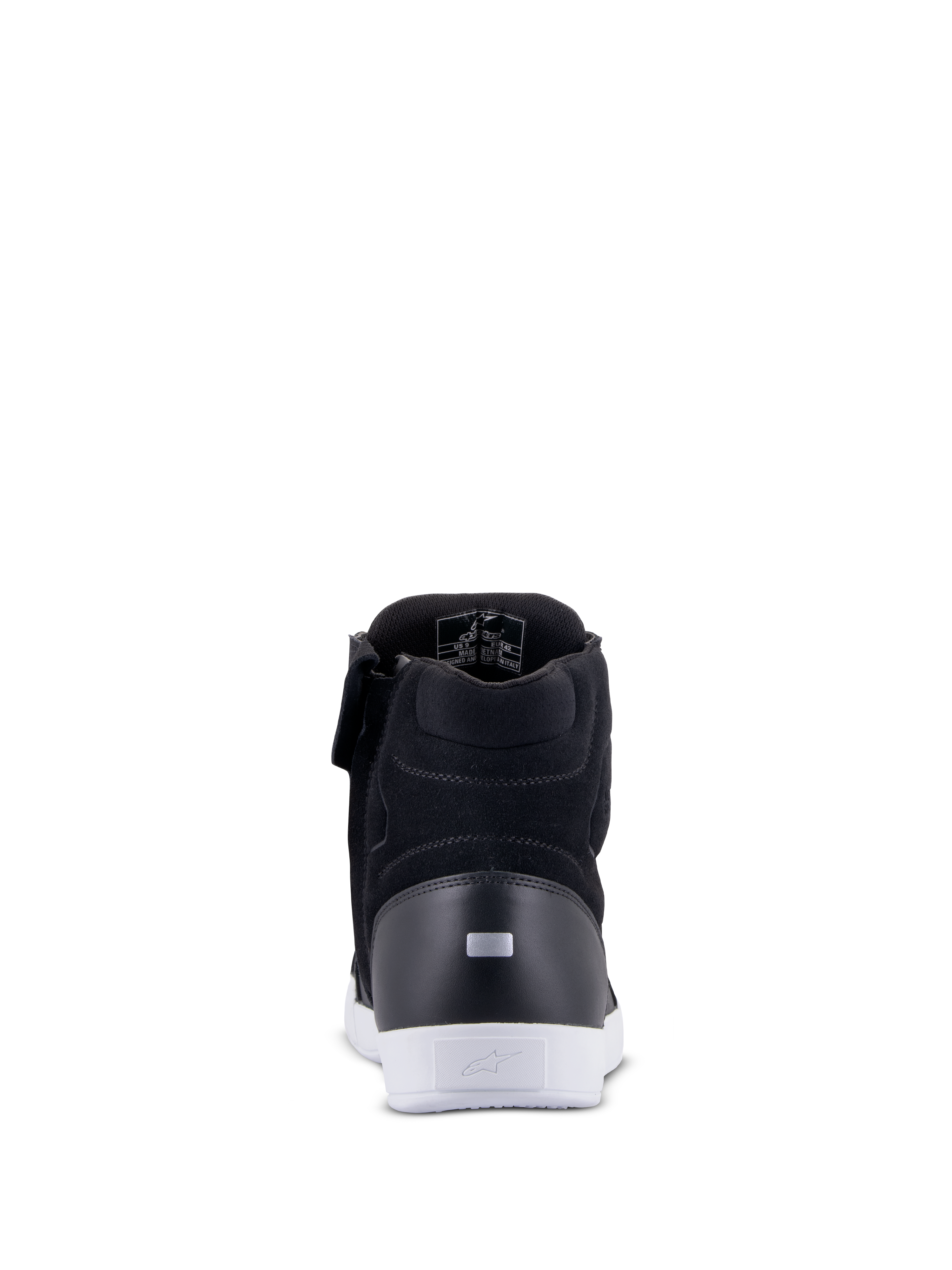Scarpe Alpinestars Chrome Drystar®, scarpe da moto urbane, nero e bianco, vista posteriore con inserto riflettente sul tallone, suola urbana bianca con logo, costruzione in pelle e scamosciato per il comfort nella guida urbana