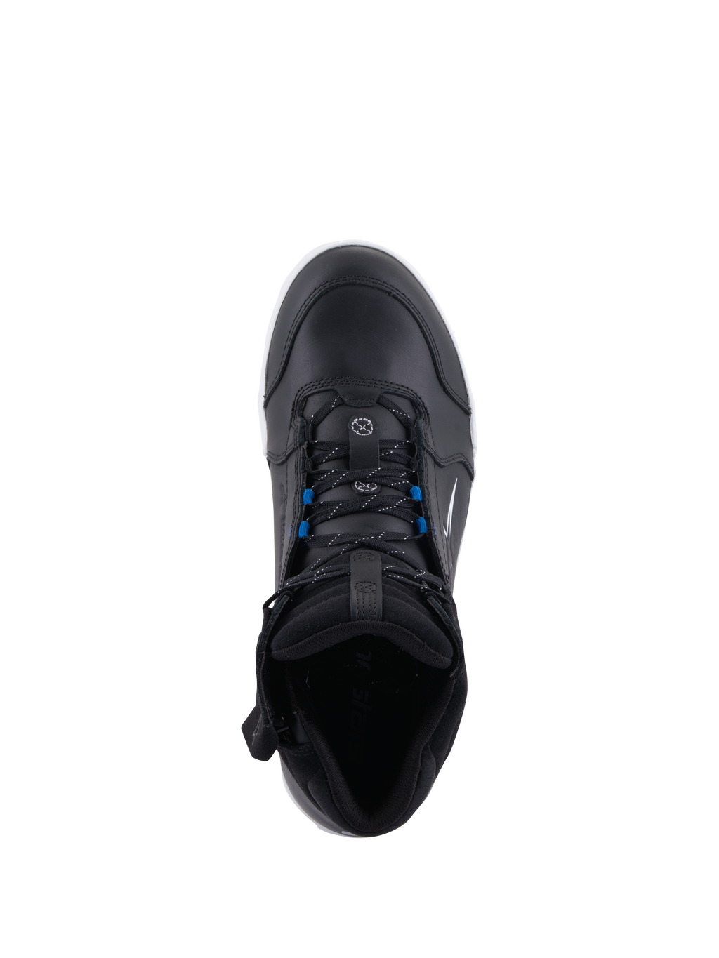 Scarpe Alpinestars Chrome Drystar®, scarpe da moto urbane, nero bianco blu, vista dall'alto con lacci neri e dettagli blu, costruzione in pelle premium e design protettivo stile street