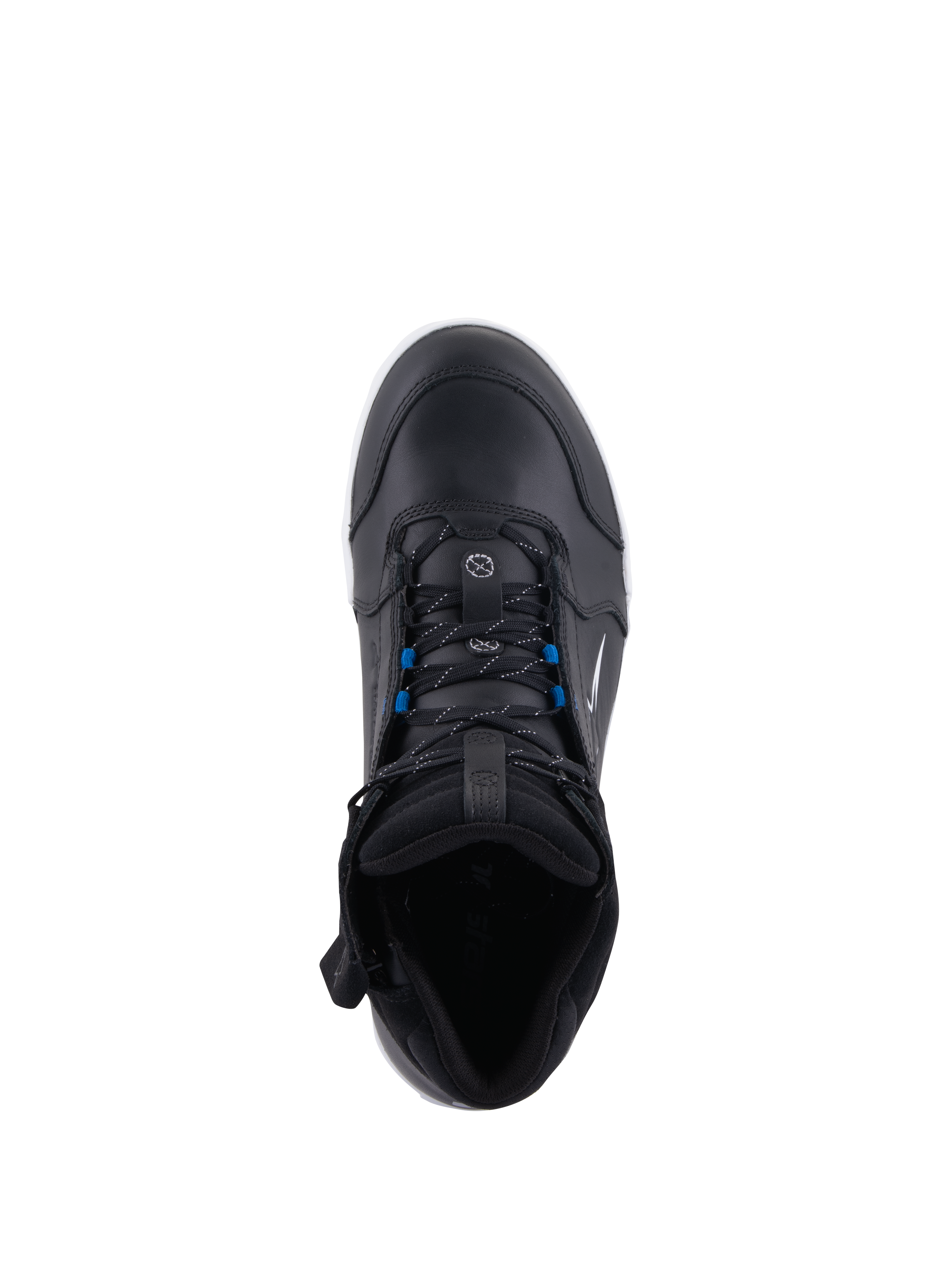 Scarpe Alpinestars Chrome Drystar®, scarpe da moto urbane, nero bianco blu, vista dall'alto con lacci neri e dettagli blu, costruzione in pelle premium e design protettivo stile street