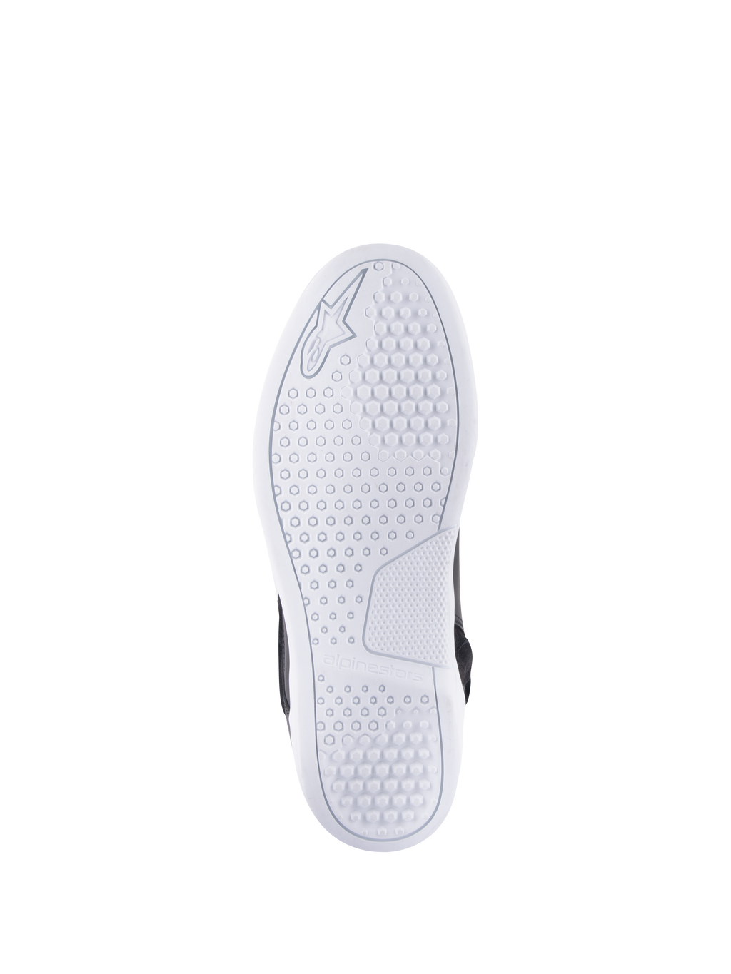 Scarpe Alpinestars Chrome Drystar®, vista della suola, bianca, con motivo esagonale per la trazione, logo e marchio Alpinestars in rilievo, scarpa da moto urbana casual