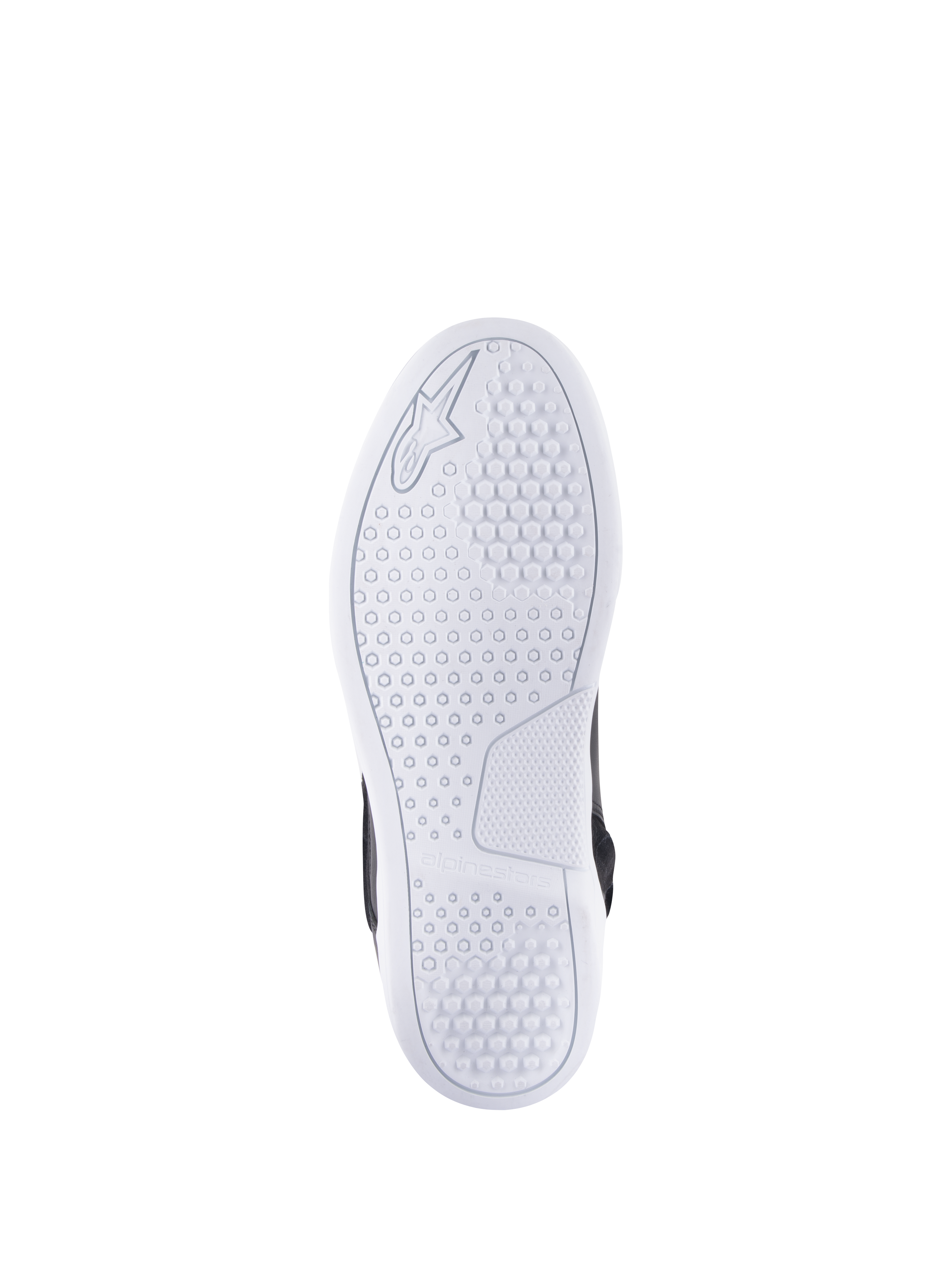 Scarpe Alpinestars Chrome Drystar®, vista della suola, bianca, con motivo esagonale per la trazione, logo e marchio Alpinestars in rilievo, scarpa da moto urbana casual