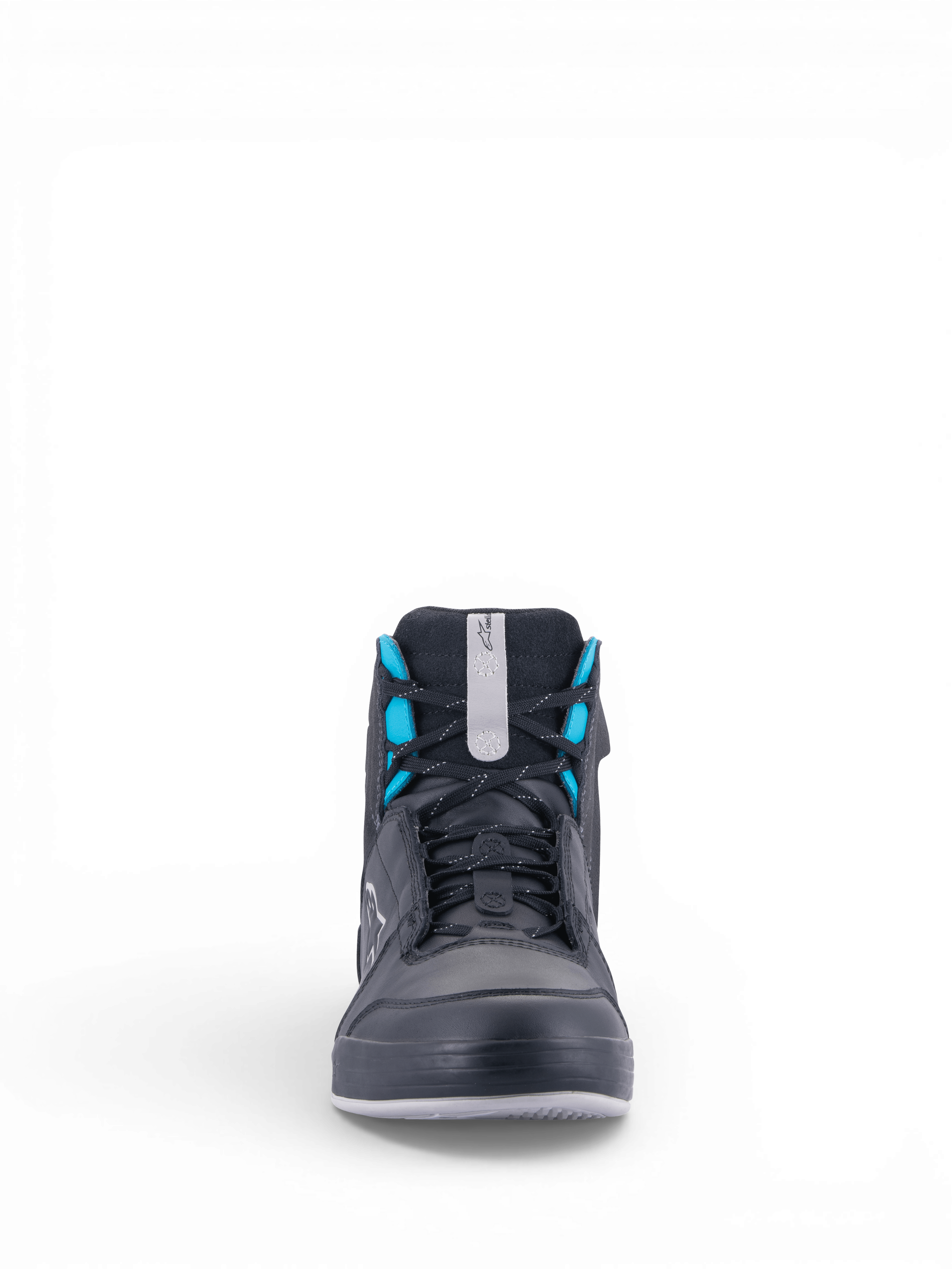 Alpinestars Scarpe Chrome Drystar®, scarpe da moto urban da donna, nere e turchesi, membrana impermeabile, tomaia in pelle e camoscio, vista frontale