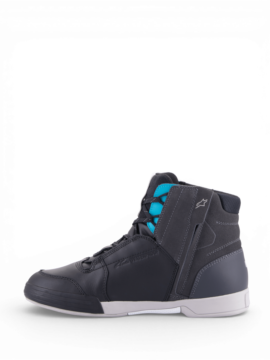 Alpinestars scarpe Stella Chrome Drystar®, scarpe da moto urban da donna, nere e turchesi, in pelle e camoscio, membrana impermeabile Drystar® e cerniera laterale.