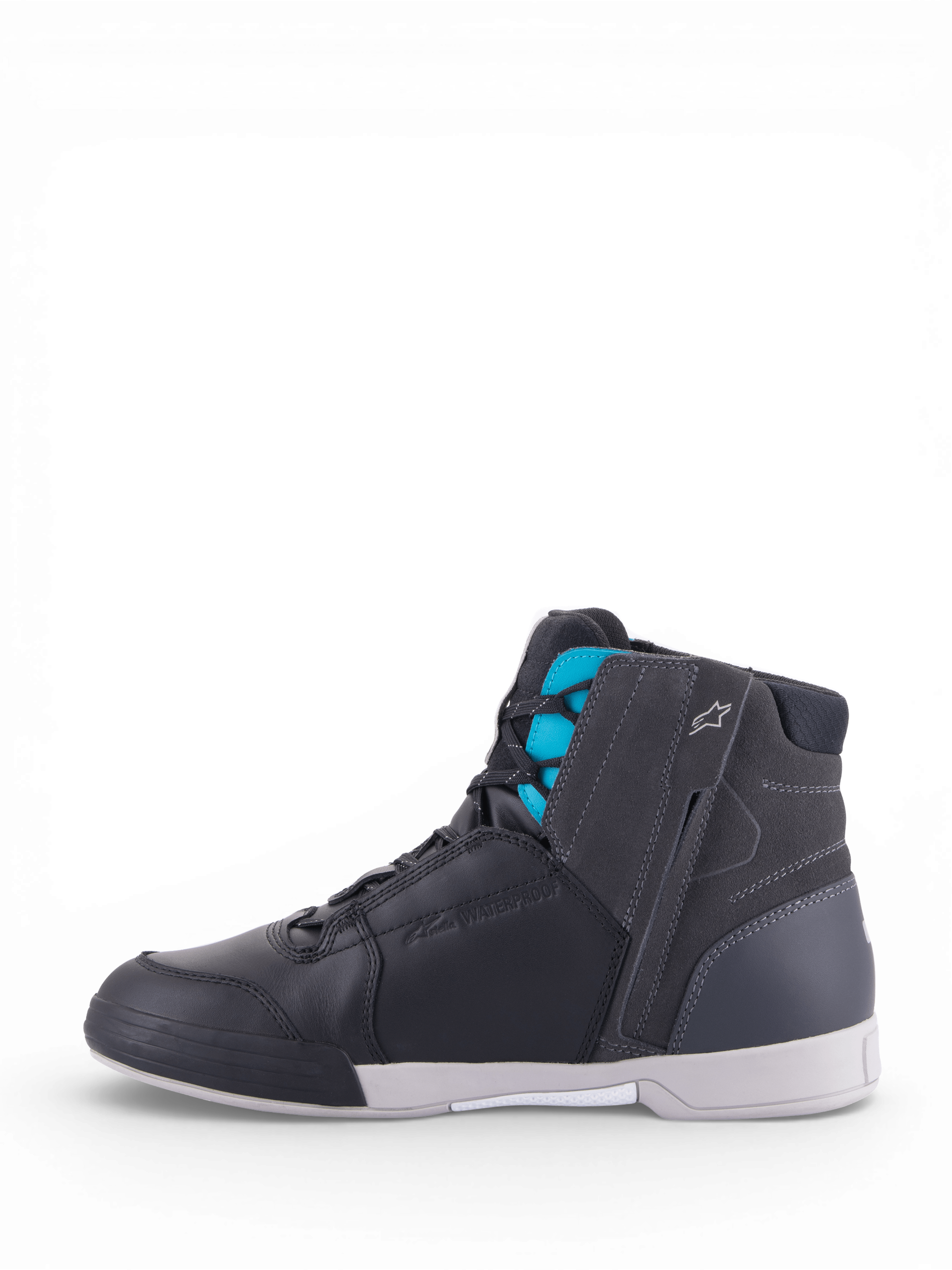 Alpinestars scarpe Stella Chrome Drystar®, scarpe da moto urban da donna, nere e turchesi, in pelle e camoscio, membrana impermeabile Drystar® e cerniera laterale.