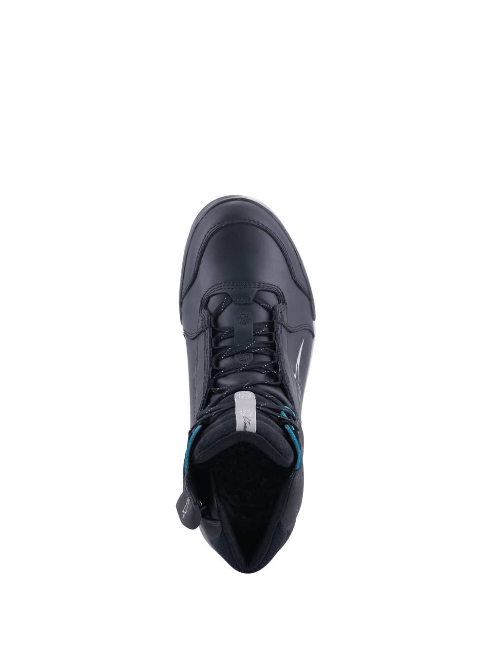 Alpinestars scarpe Chrome Drystar® da donna, scarpe da moto impermeabili nere e turchese, vista dall'alto.