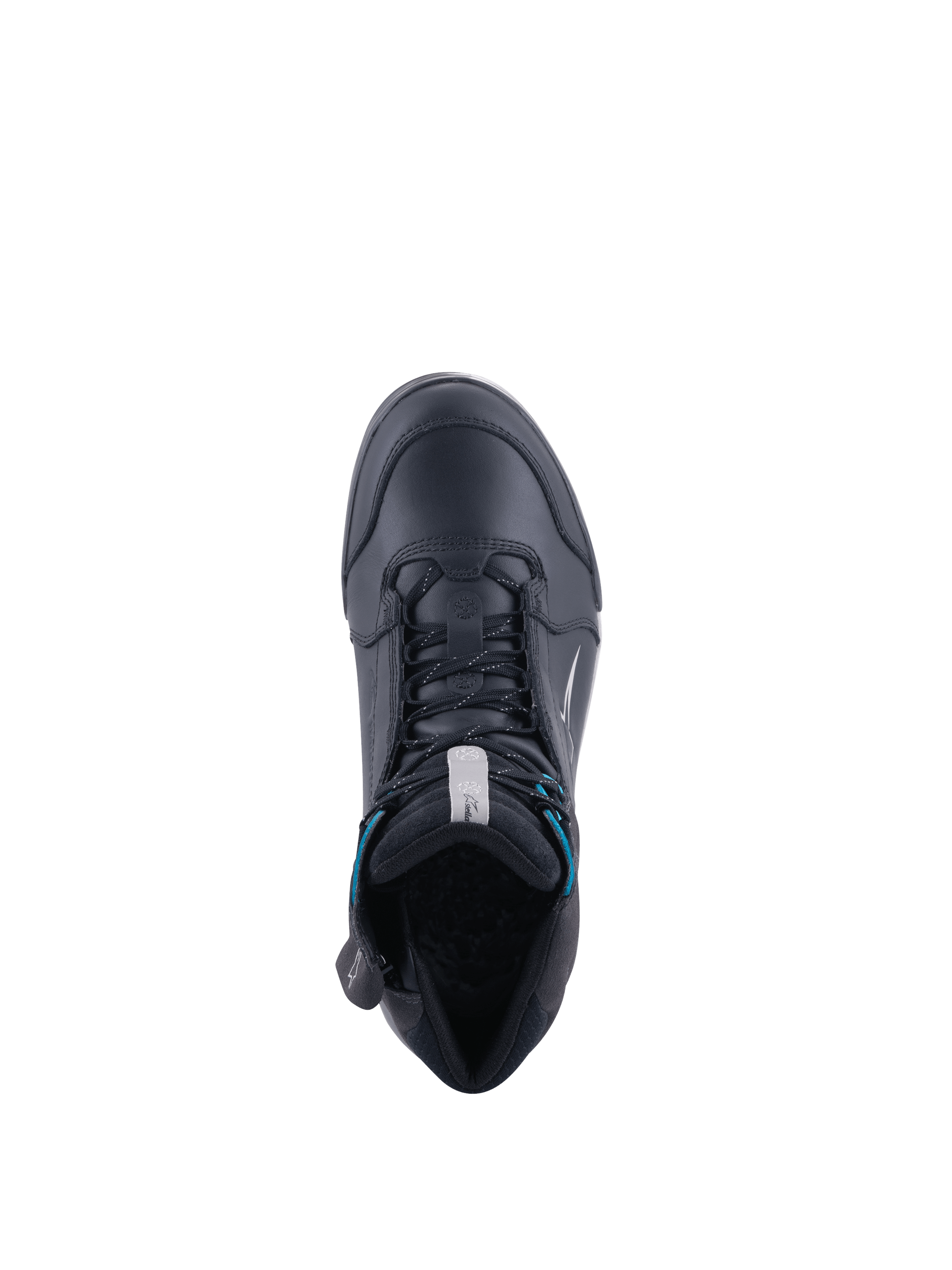 Alpinestars scarpe Chrome Drystar® da donna, scarpe da moto impermeabili nere e turchese, vista dall'alto.
