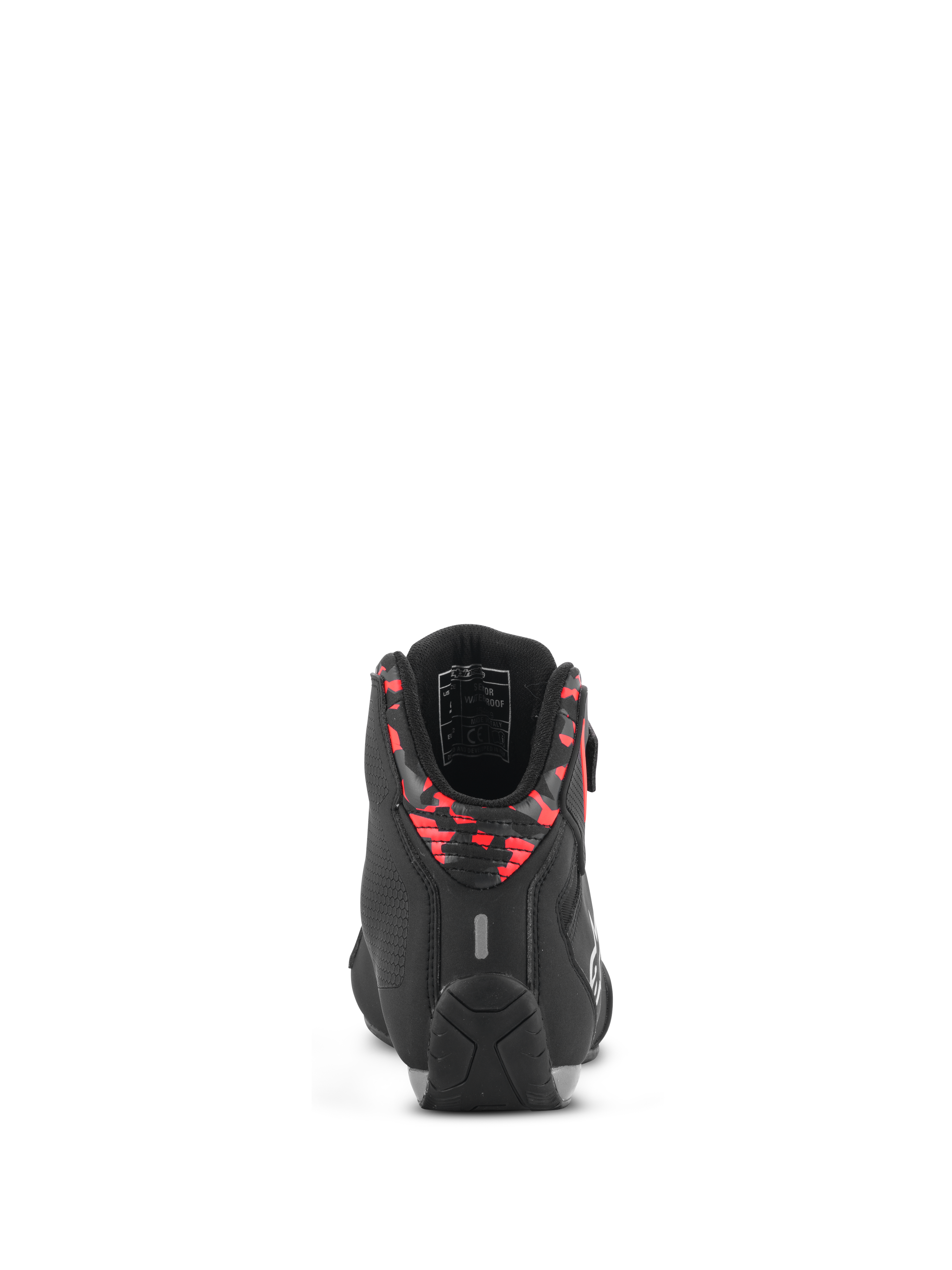 Scarpe Alpinestars Sektor Waterproof, scarpe da moto, nero, grigio scuro e rosso fluo, vista posteriore che mostra il colletto del tallone a fantasia, inserto riflettente e suola in gomma resistente, costruzione in microfibra leggera