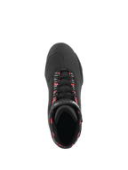 Scarpe Alpinestars Sektor Waterproof, scarpe da moto, nero, grigio scuro e rosso fluo, vista dall'alto che mostra lacci neri con accenti rosso fluorescente, punta testurizzata per il cambio e struttura in microfibra