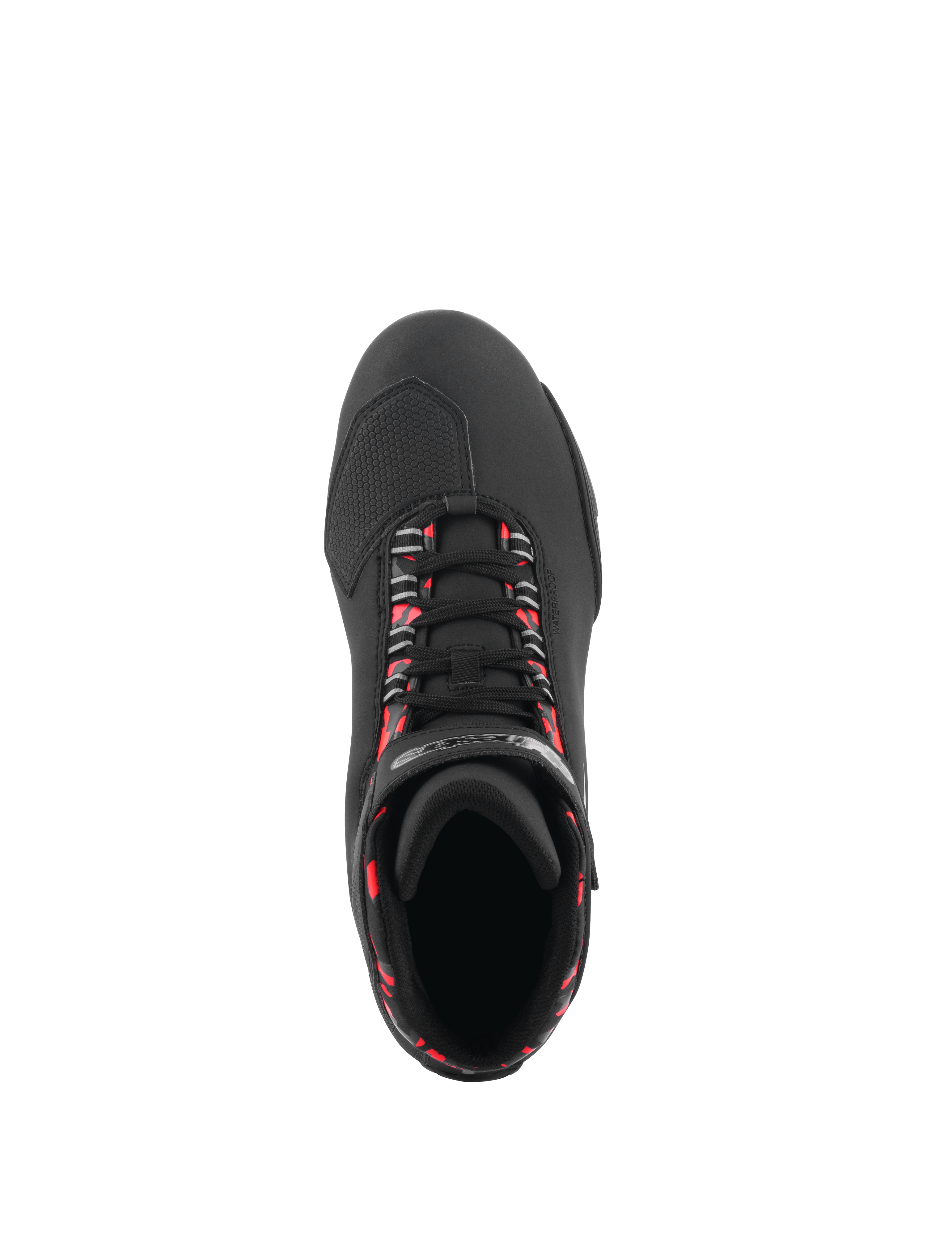 Scarpe Alpinestars Sektor Waterproof, scarpe da moto, nero, grigio scuro e rosso fluo, vista dall'alto che mostra lacci neri con accenti rosso fluorescente, punta testurizzata per il cambio e struttura in microfibra
