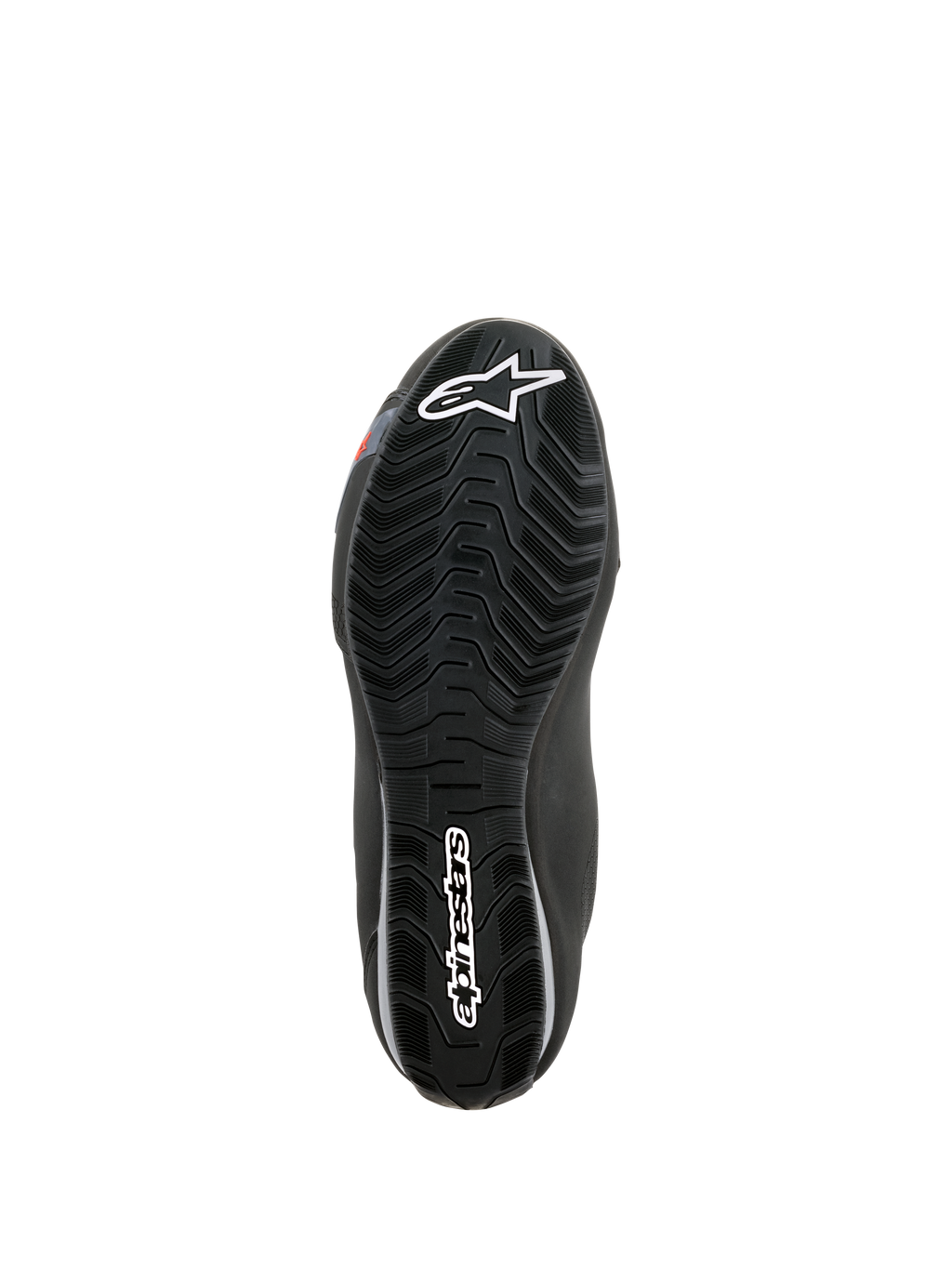 Scarpe Alpinestars Sektor Waterproof, vista della suola, gomma nera con battistrada a onde per il deflusso dell'acqua, con logo Astars bianco e marchio Alpinestars, progettata per l'aderenza e il supporto sulle pedane della moto