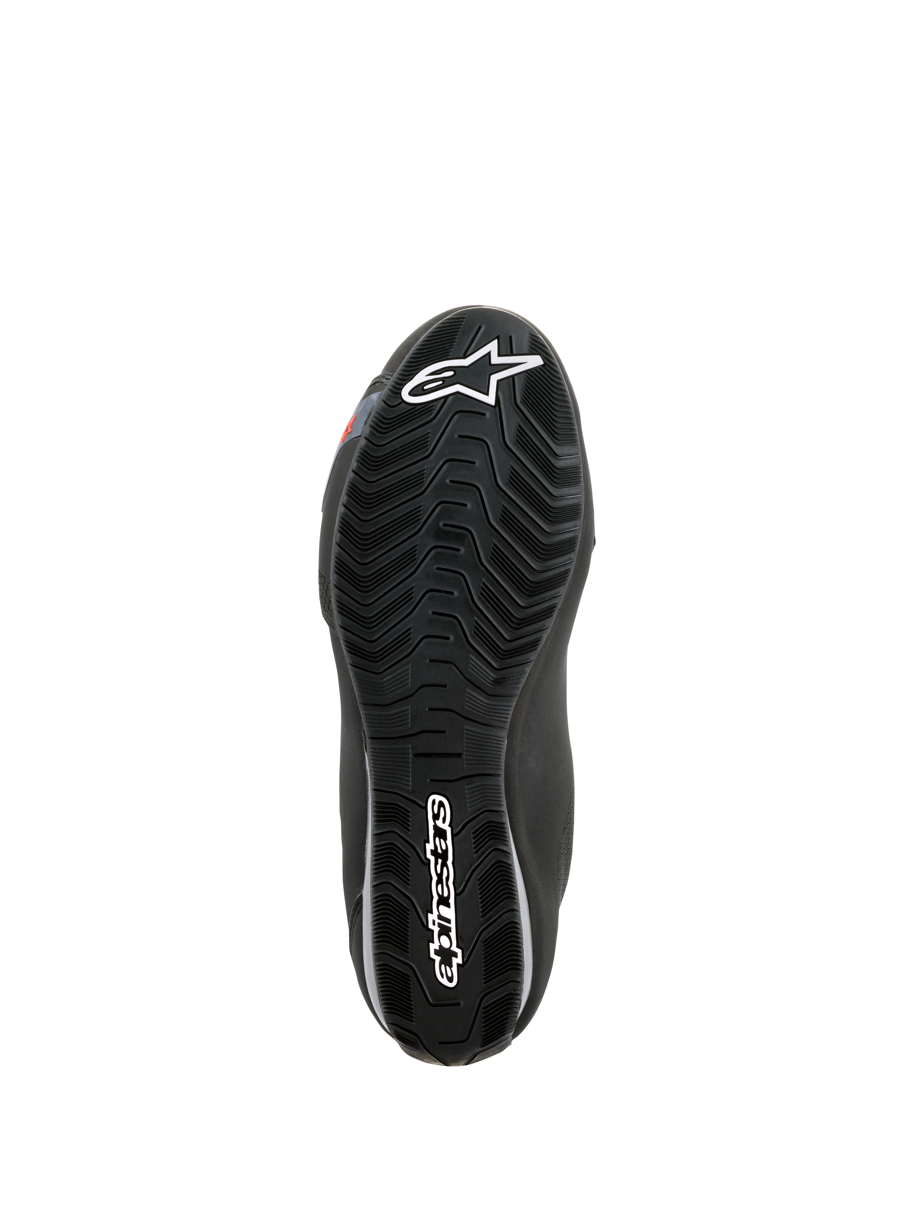 Scarpe Alpinestars Sektor Waterproof, vista della suola, gomma nera con battistrada a onde per il deflusso dell'acqua, con logo Astars bianco e marchio Alpinestars, progettata per l'aderenza e il supporto sulle pedane della moto