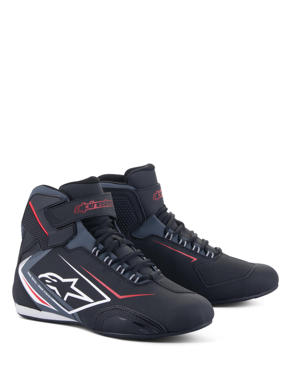Scarpe Alpinestars Sektor Waterproof, scarpe da moto, nero con accenti rossi e bianchi, con logo a stella bianco sul lato, cinturino in velcro sulla caviglia e sistema di allacciatura, design sportivo e profilato per la guida su strada