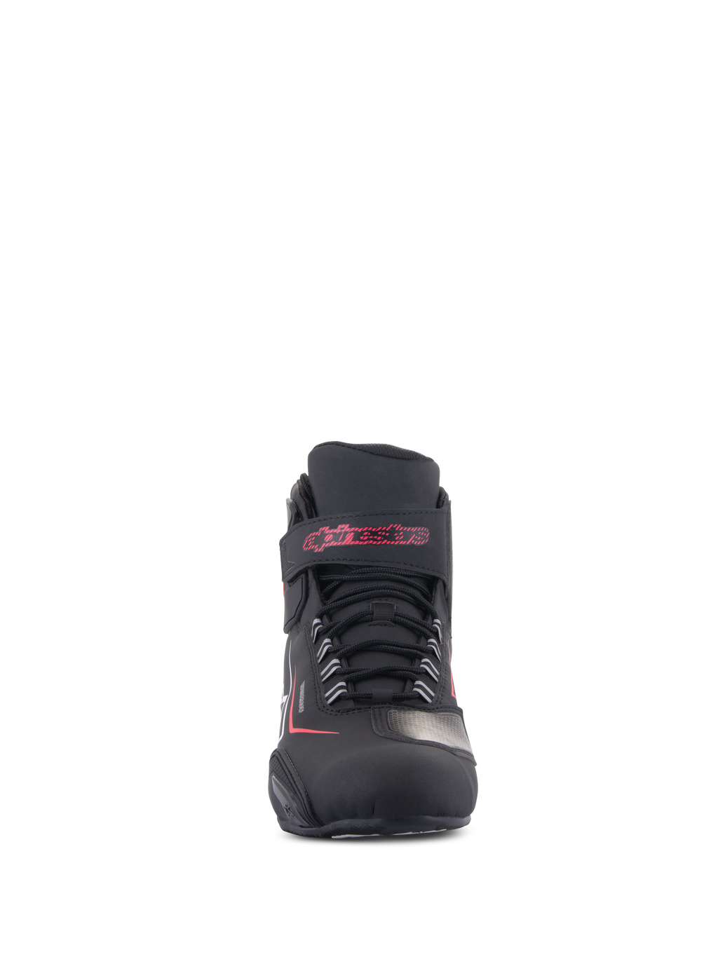 Scarpe Alpinestars Sektor Waterproof, scarpe da moto, nero con dettagli bianchi e rossi, vista frontale con sistema di allacciatura e cinturino in velcro sulla caviglia con scritta Alpinestars rossa, finitura in microfibra resistente