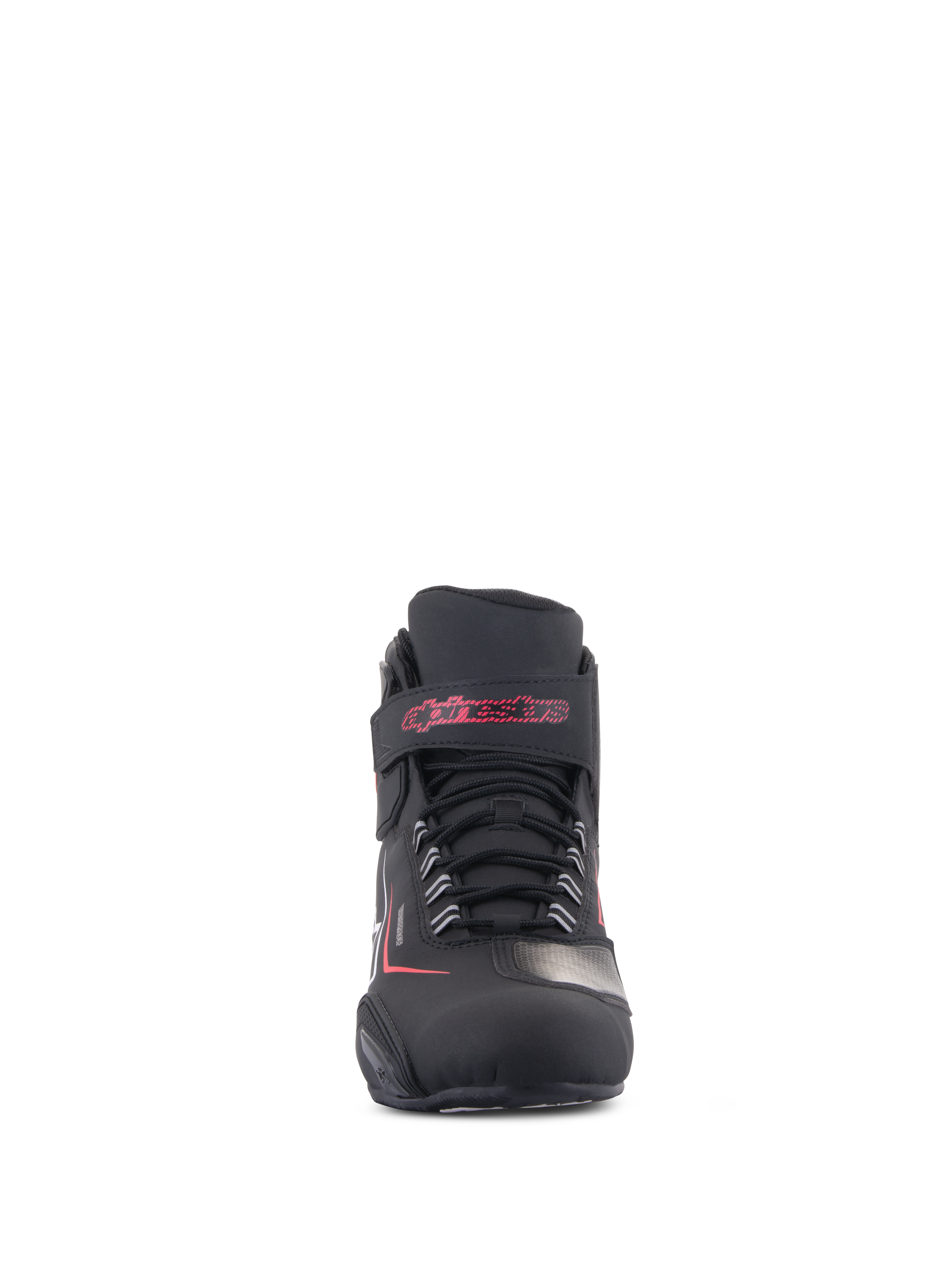 Scarpe Alpinestars Sektor Waterproof, scarpe da moto, nero con dettagli bianchi e rossi, vista frontale con sistema di allacciatura e cinturino in velcro sulla caviglia con scritta Alpinestars rossa, finitura in microfibra resistente