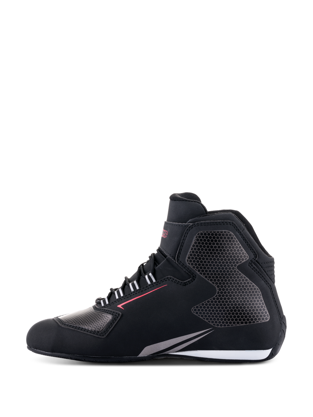 Scarpe Alpinestars Sektor Waterproof, scarpe da moto, nero, bianco e grigio, vista laterale, tomaia in leggera microfibra con pannelli grigi a nido d'ape, linea rossa e dettaglio suola bianco, equipaggiamento impermeabile per guida su strada