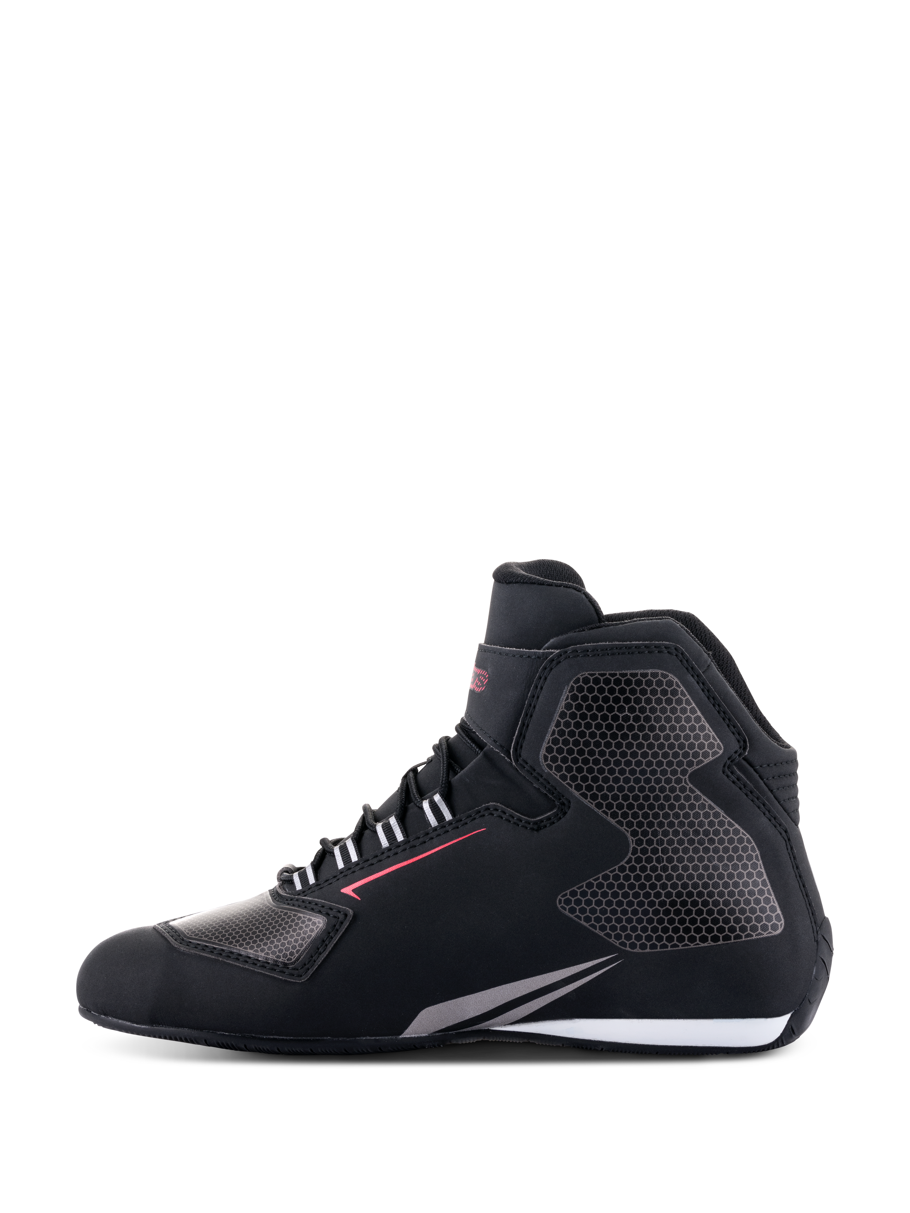 Scarpe Alpinestars Sektor Waterproof, scarpe da moto, nero, bianco e grigio, vista laterale, tomaia in leggera microfibra con pannelli grigi a nido d'ape, linea rossa e dettaglio suola bianco, equipaggiamento impermeabile per guida su strada
