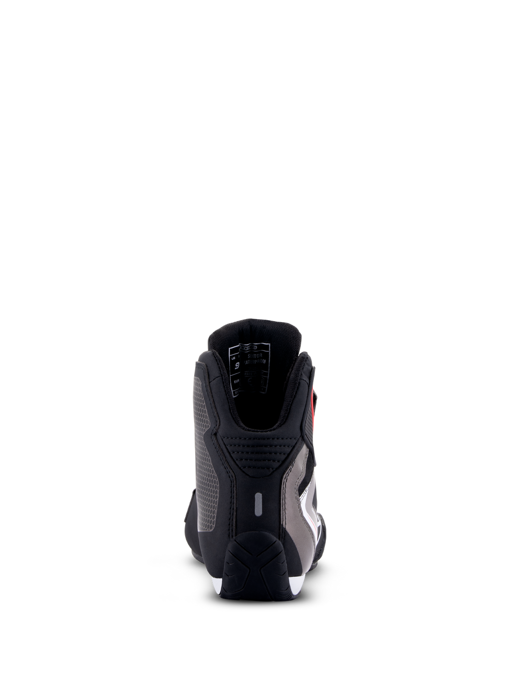 Alpinestars Sektor Waterproof Shoes, scarpe da moto, nero bianco grigio, vista posteriore con protezione del tallone, telaio in microfibra e suola in gomma resistente.