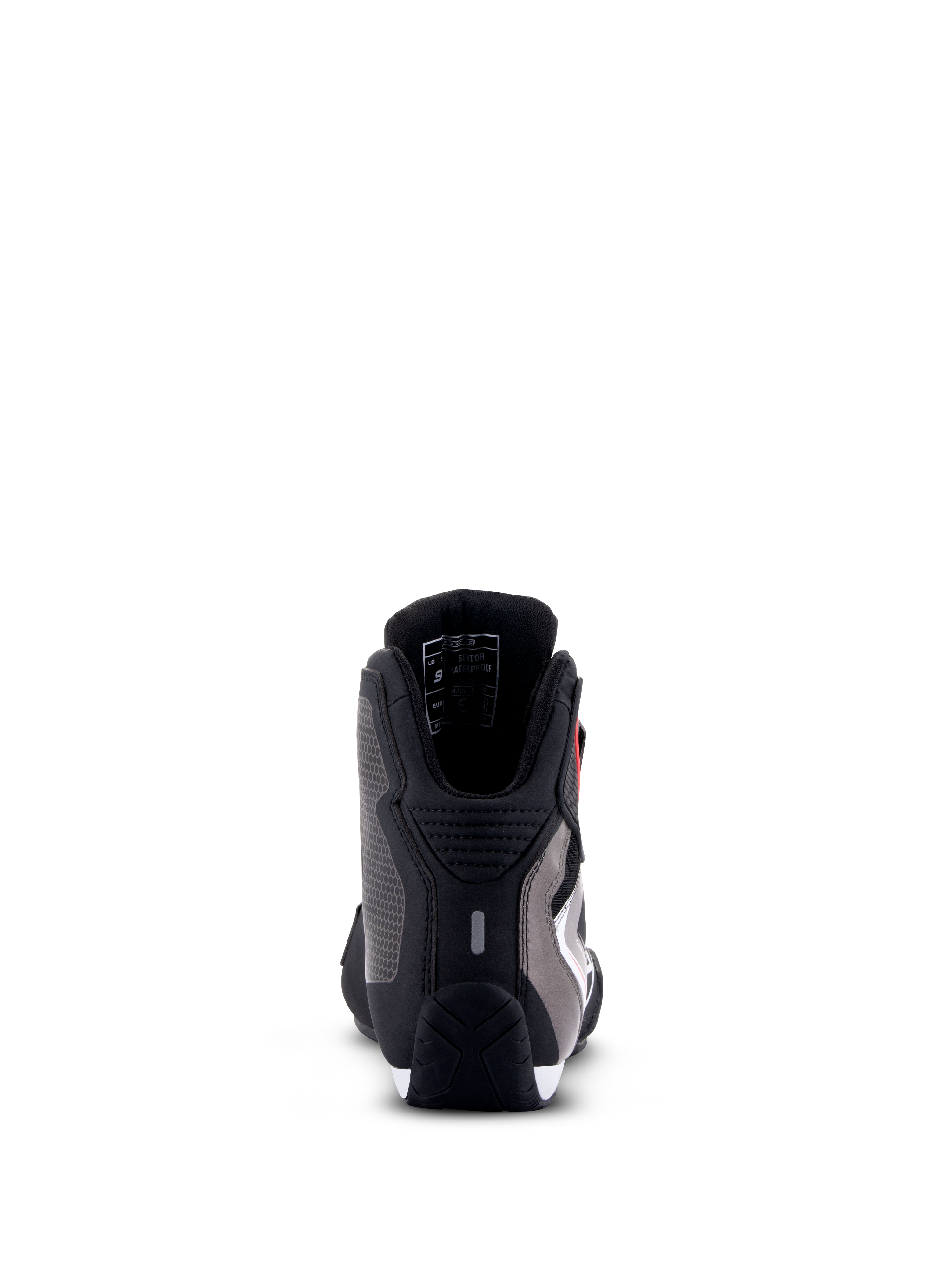 Alpinestars Sektor Waterproof Shoes, scarpe da moto, nero bianco grigio, vista posteriore con protezione del tallone, telaio in microfibra e suola in gomma resistente.