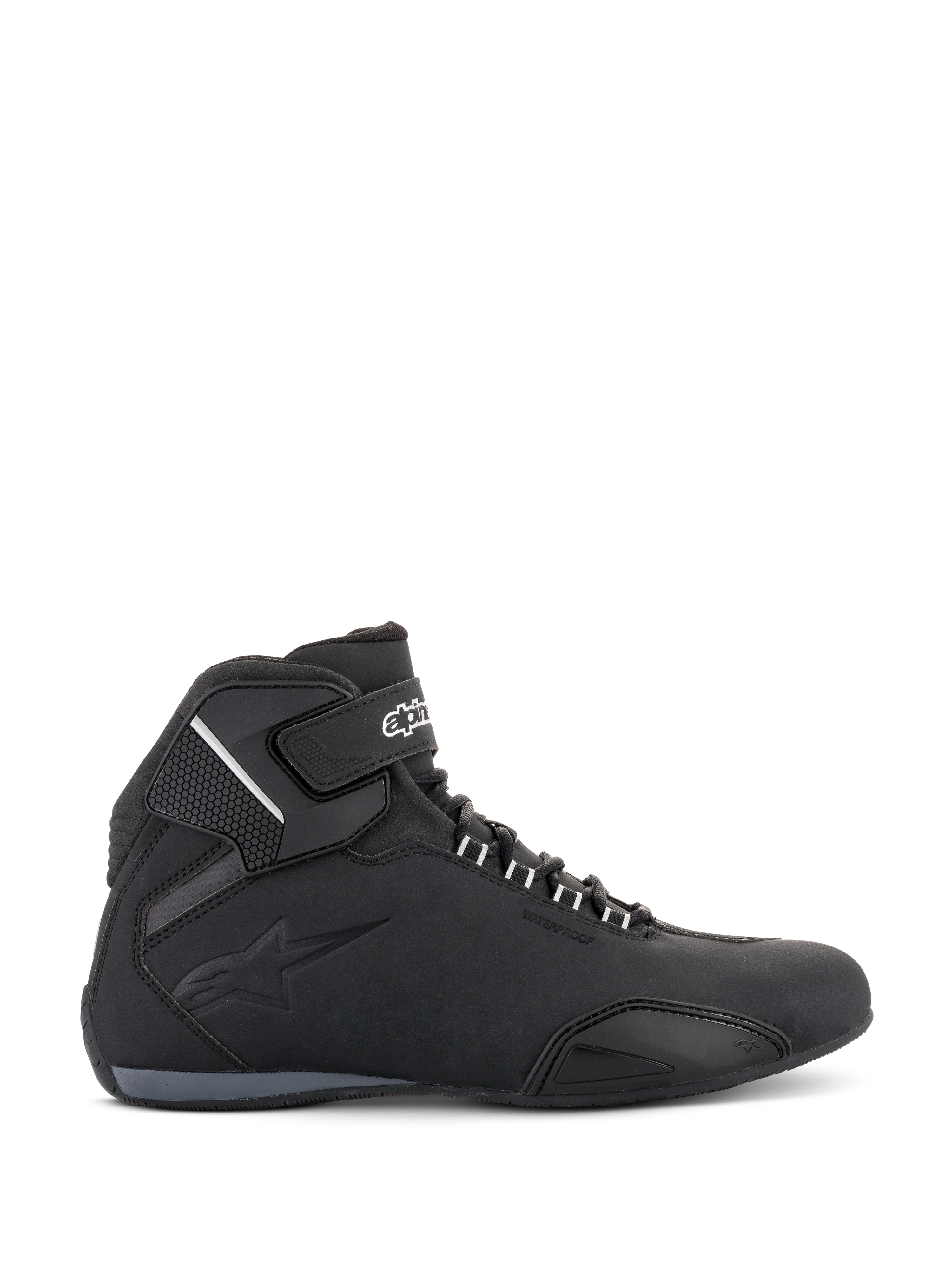 Alpinestars Sektor Waterproof Shoes, scarpe da moto, nero, vista laterale, struttura in microfibra con membrana impermeabile, punta rinforzata e chiusura a strappo sulla caviglia