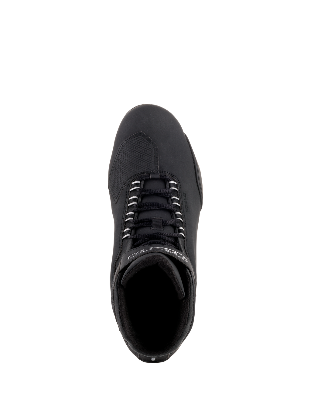 Alpinestars Sektor Waterproof Shoes, scarpe da moto nere, vista dall'alto che mostra lacci neri e punta rinforzata, elegante struttura in microfibra per prestazioni su strada