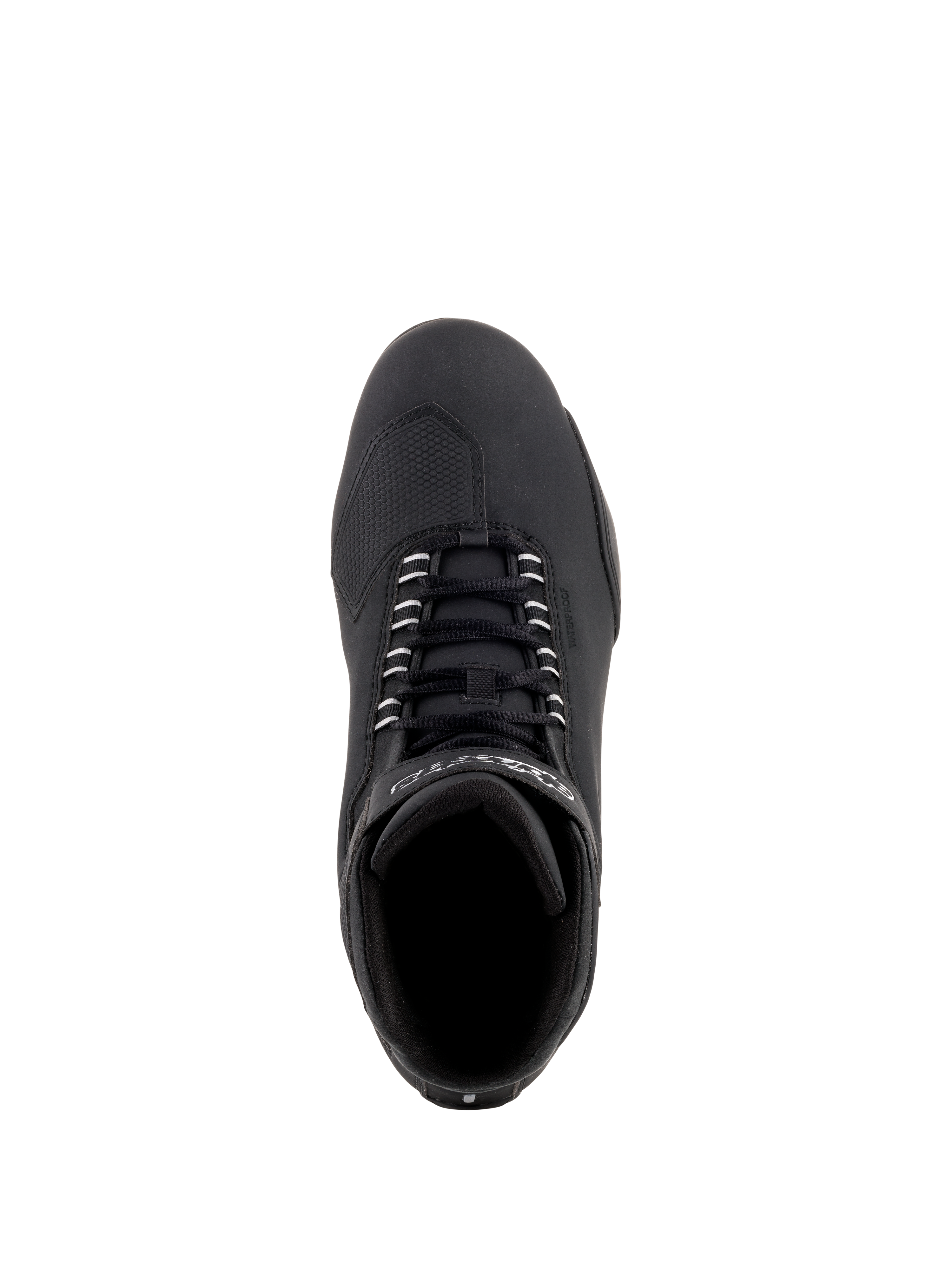 Alpinestars Sektor Waterproof Shoes, scarpe da moto nere, vista dall'alto che mostra lacci neri e punta rinforzata, elegante struttura in microfibra per prestazioni su strada