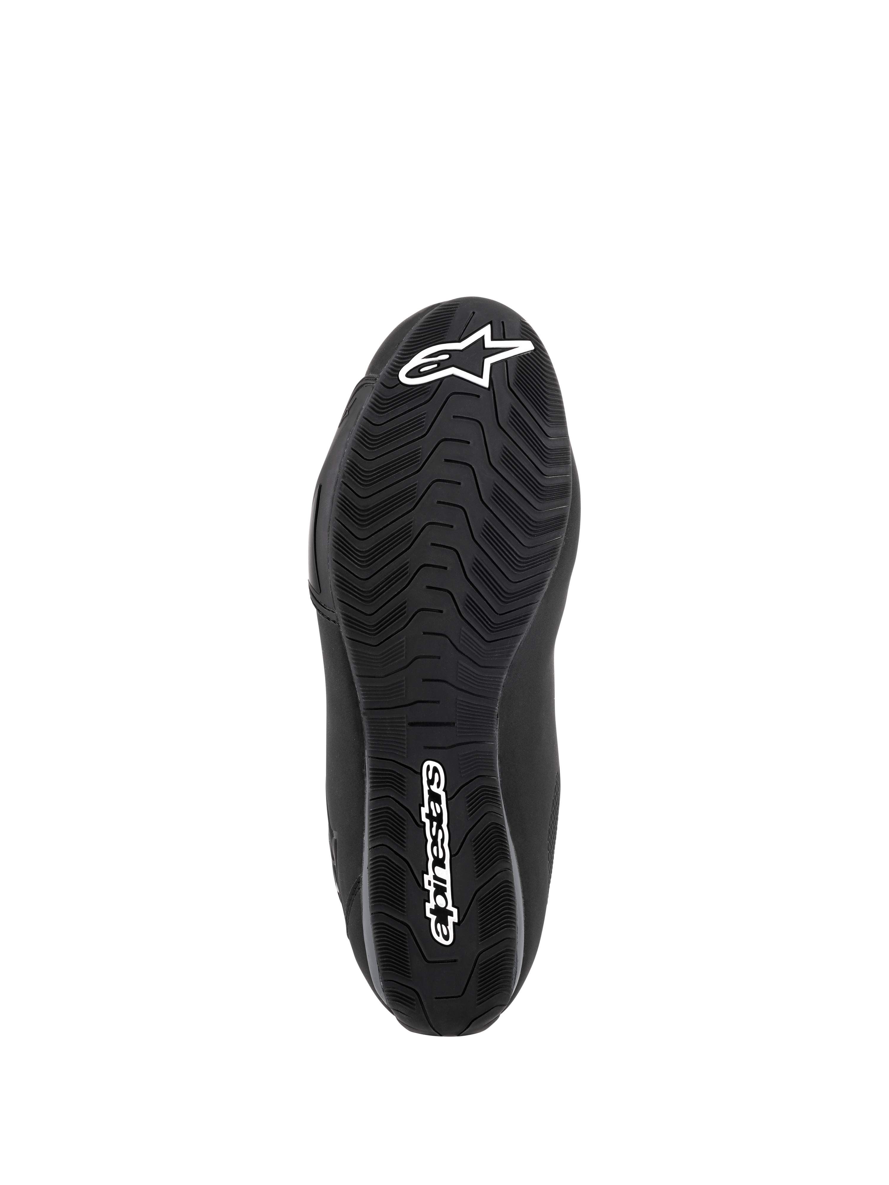 Alpinestars Sektor Waterproof Shoes, nero, vista della suola in mescola di gomma con battistrada specifico per il deflusso dell'acqua e aderenza, logo a stella bianco e scritta Alpinestars