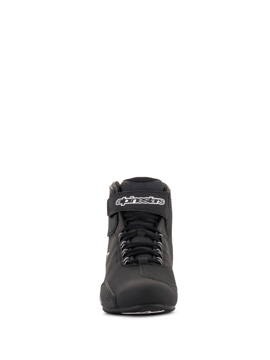 Alpinestars Stella Sektor Waterproof Shoes da donna, nero e argento, vista frontale, scarpa da moto a taglio basso con sistema di allacciatura rapida, cinturino in Velcro sulla caviglia con logo bianco e robusta struttura in microfibra.