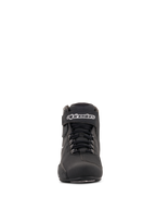 Alpinestars Stella Sektor Waterproof Shoes da donna, nero e argento, vista frontale, scarpa da moto a taglio basso con sistema di allacciatura rapida, cinturino in Velcro sulla caviglia con logo bianco e robusta struttura in microfibra.