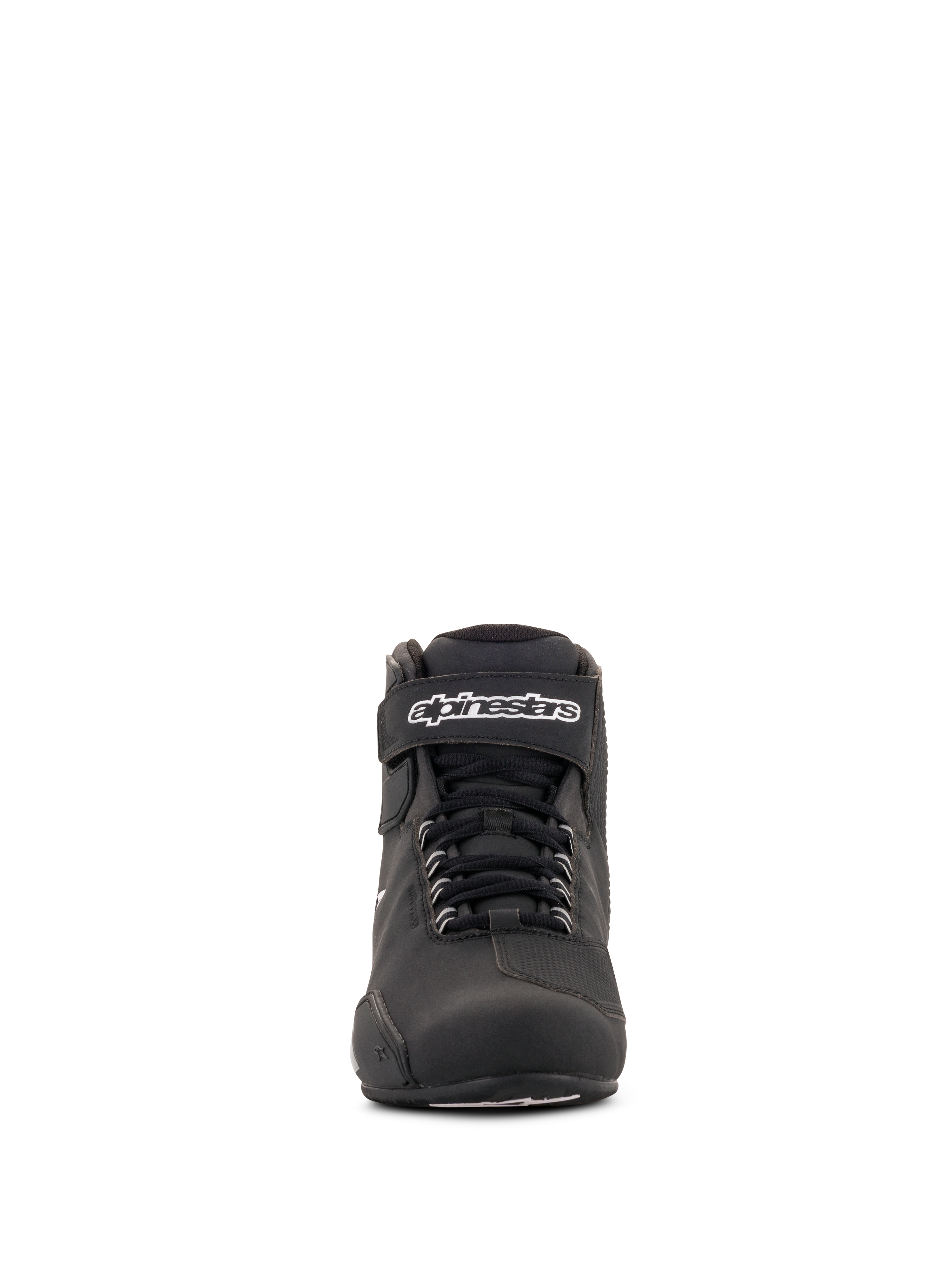 Alpinestars Stella Sektor Waterproof Shoes da donna, nero e argento, vista frontale, scarpa da moto a taglio basso con sistema di allacciatura rapida, cinturino in Velcro sulla caviglia con logo bianco e robusta struttura in microfibra.