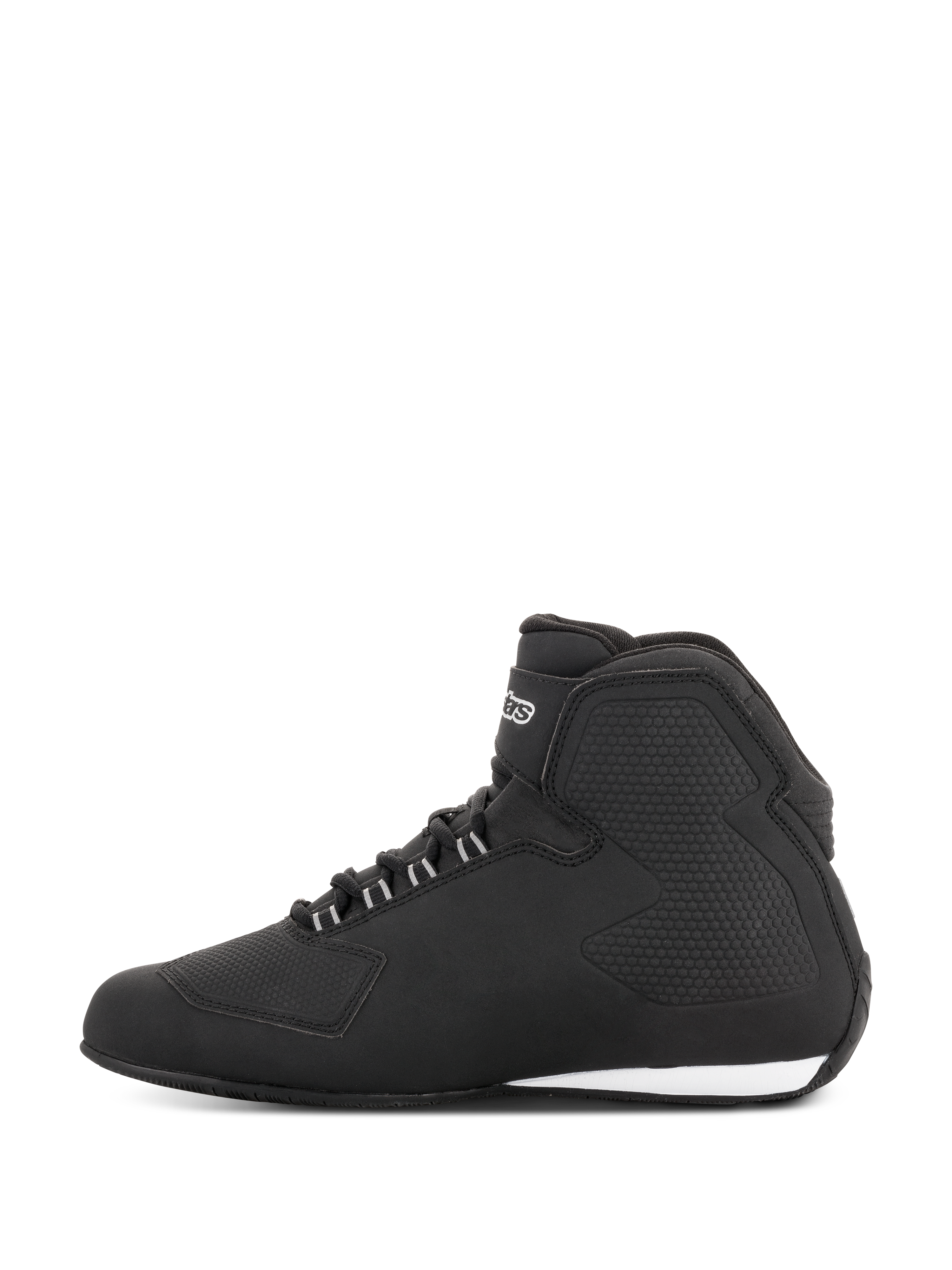 Scarpe Alpinestars Stella Sektor Waterproof, scarpe da moto da donna, nero argento, vista laterale con tomaia in microfibra leggera, sistema di allacciatura rapida con dettagli argento e struttura impermeabile con pannelli protettivi integrati.