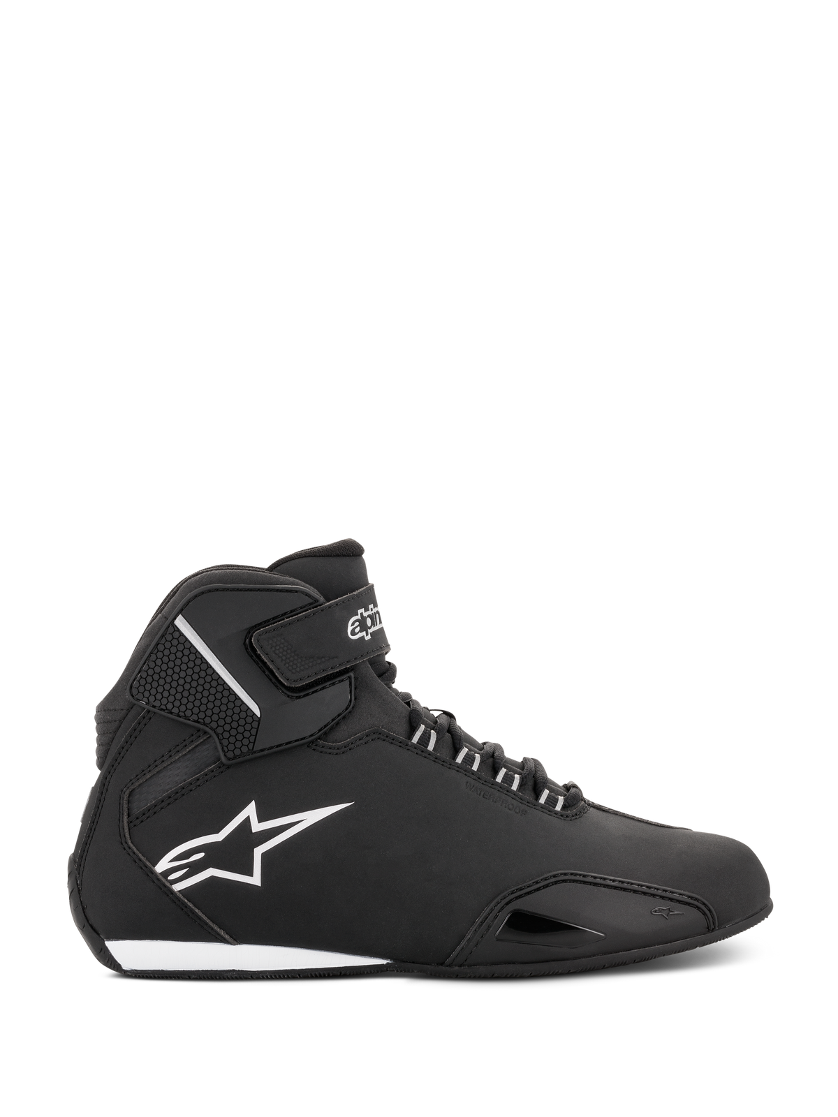Scarpe Alpinestars Stella Sektor Waterproof da donna, nero e argento, profilo laterale di una scarpa da moto alta con tomaia in microfibra leggera, logo Astars bianco e chiusura sicura con lacci e cinturino