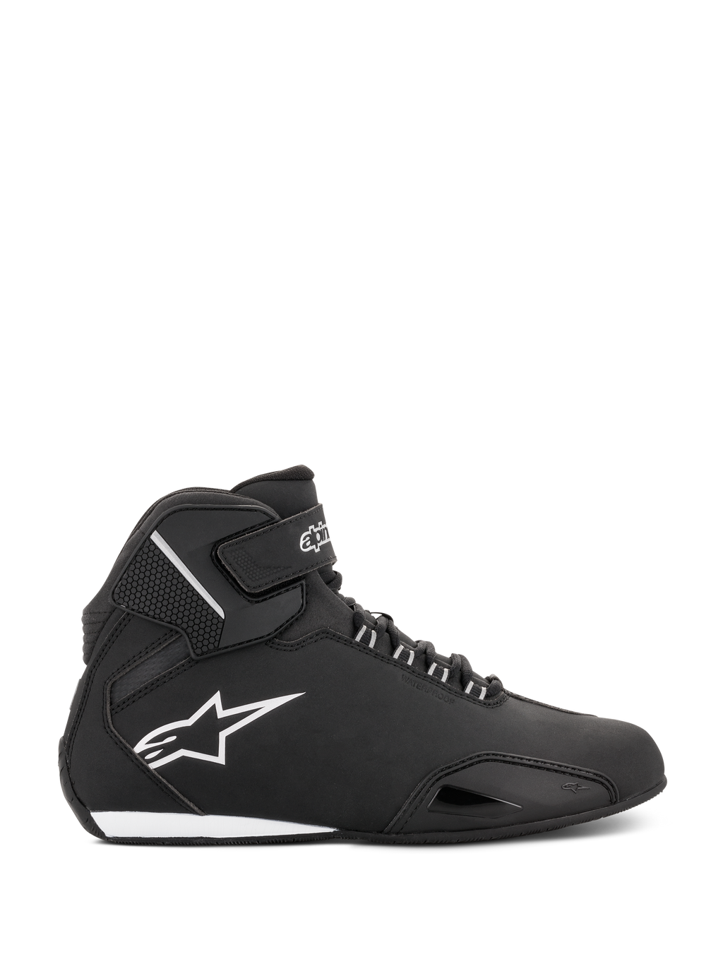 Scarpe Alpinestars Stella Sektor Waterproof da donna, nero e argento, profilo laterale di una scarpa da moto alta con tomaia in microfibra leggera, logo Astars bianco e chiusura sicura con lacci e cinturino