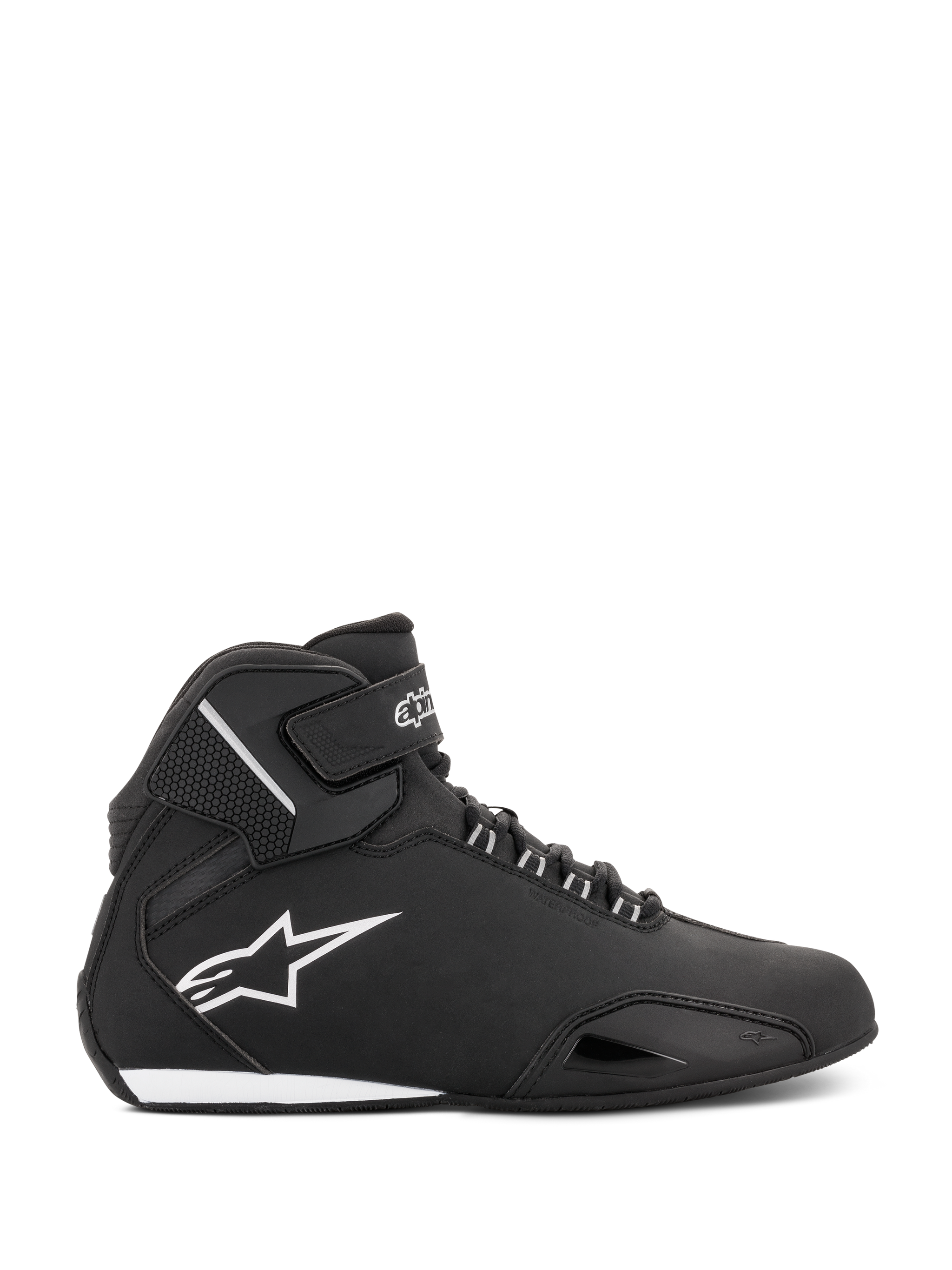 Scarpe Alpinestars Stella Sektor Waterproof da donna, nero e argento, profilo laterale di una scarpa da moto alta con tomaia in microfibra leggera, logo Astars bianco e chiusura sicura con lacci e cinturino