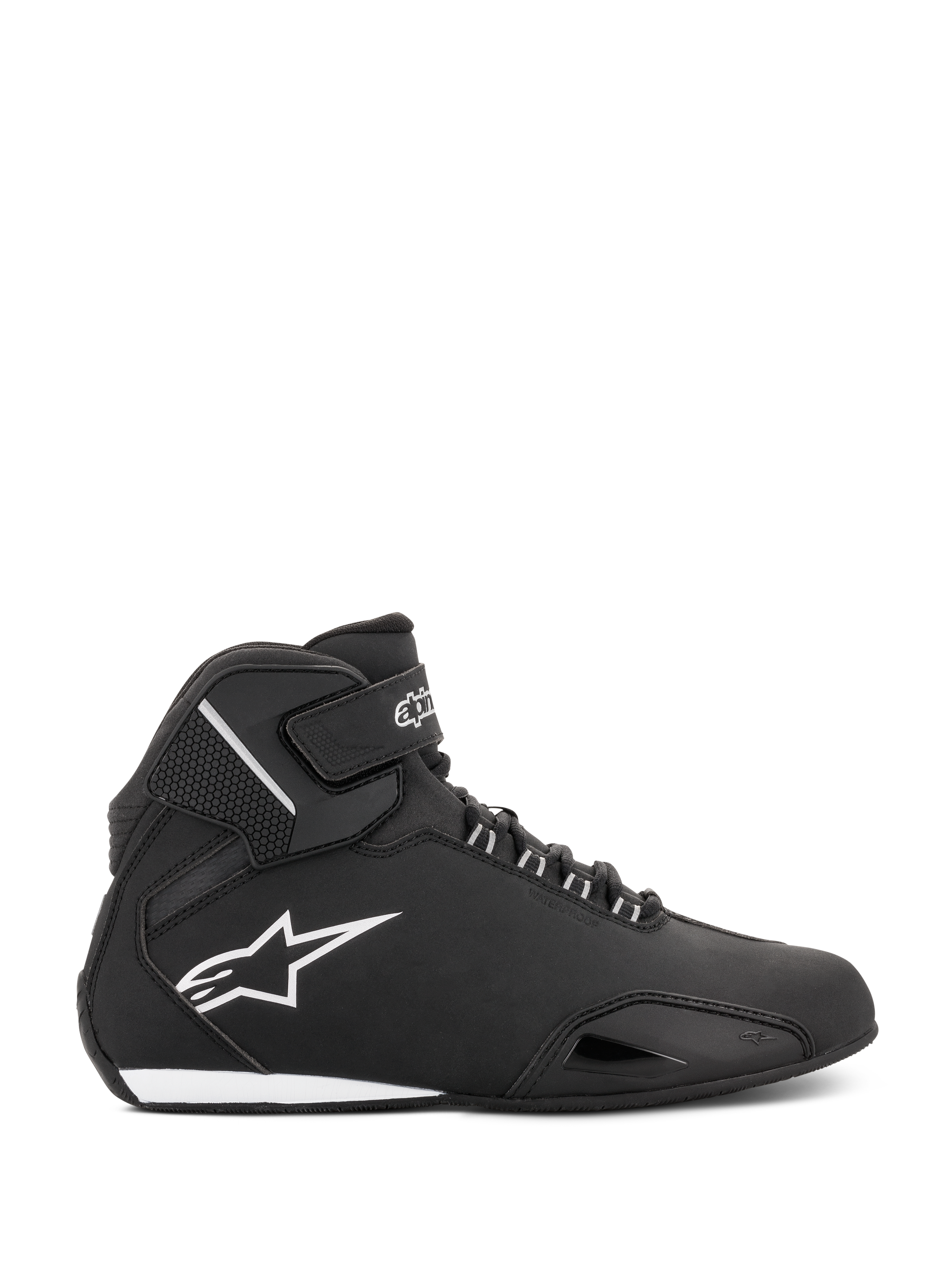 Scarpe Alpinestars Stella Sektor Waterproof da donna, nero e argento, profilo laterale di una scarpa da moto alta con tomaia in microfibra leggera, logo Astars bianco e chiusura sicura con lacci e cinturino